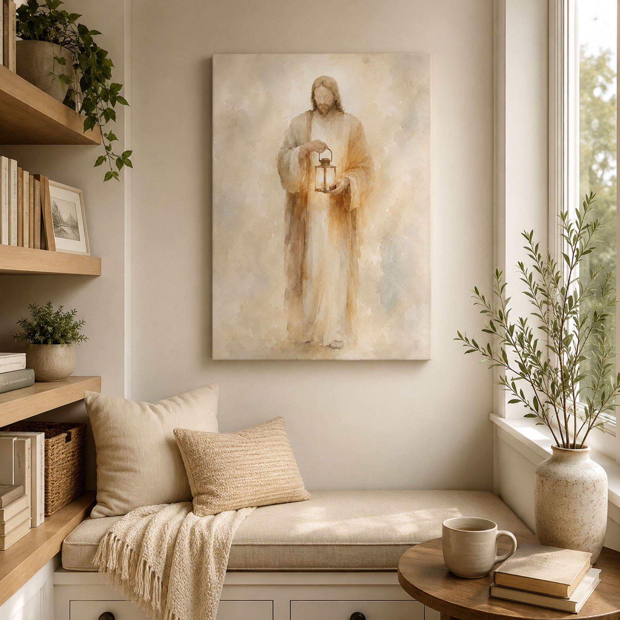 Light of the World Jesus Canvas Print, Soft Neutral Christian Wall Art, Faith Home Decor Gift