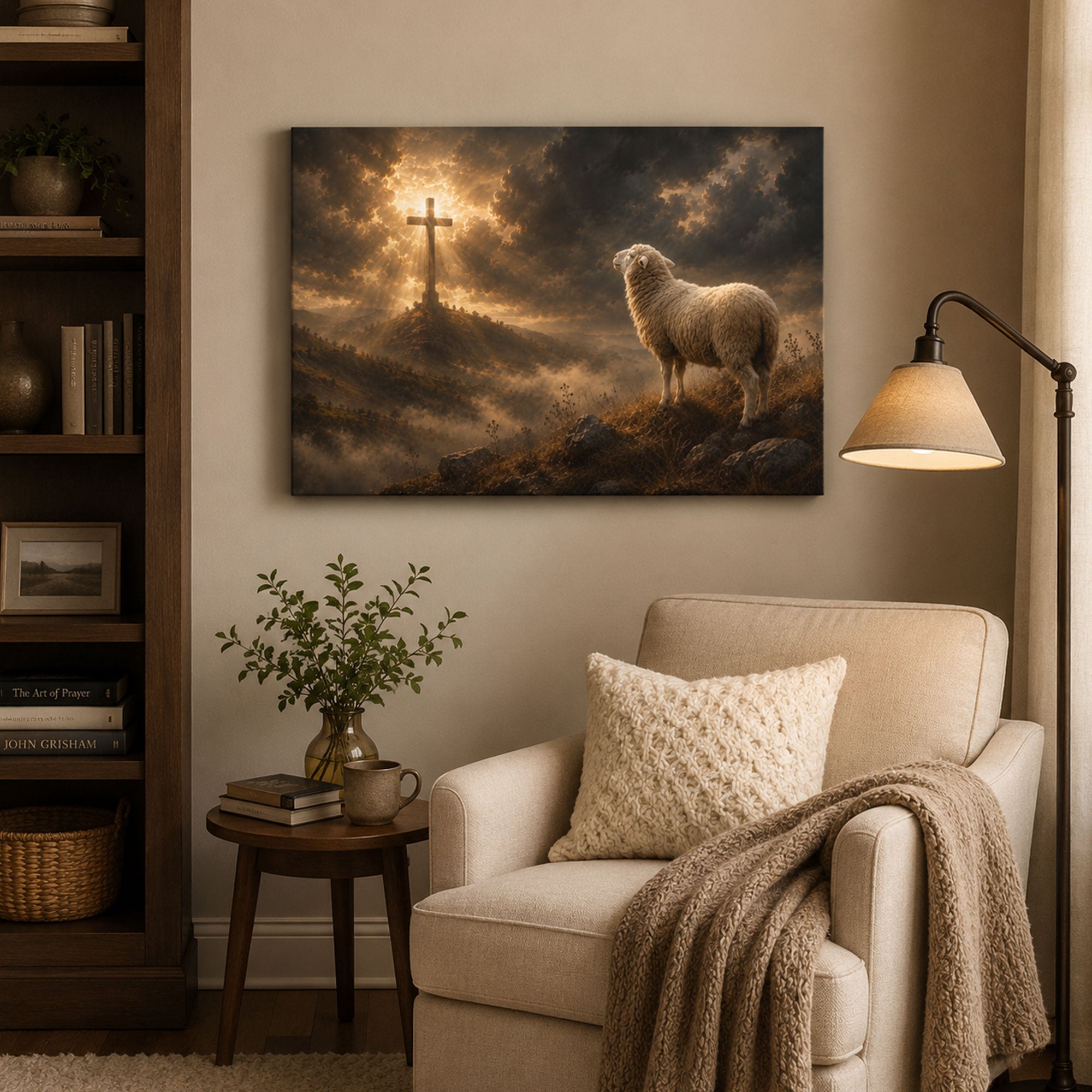 Lamb of God Cross Panoramic Canvas Print, Christian Faith Wall Art, Religious Home Decor Gift