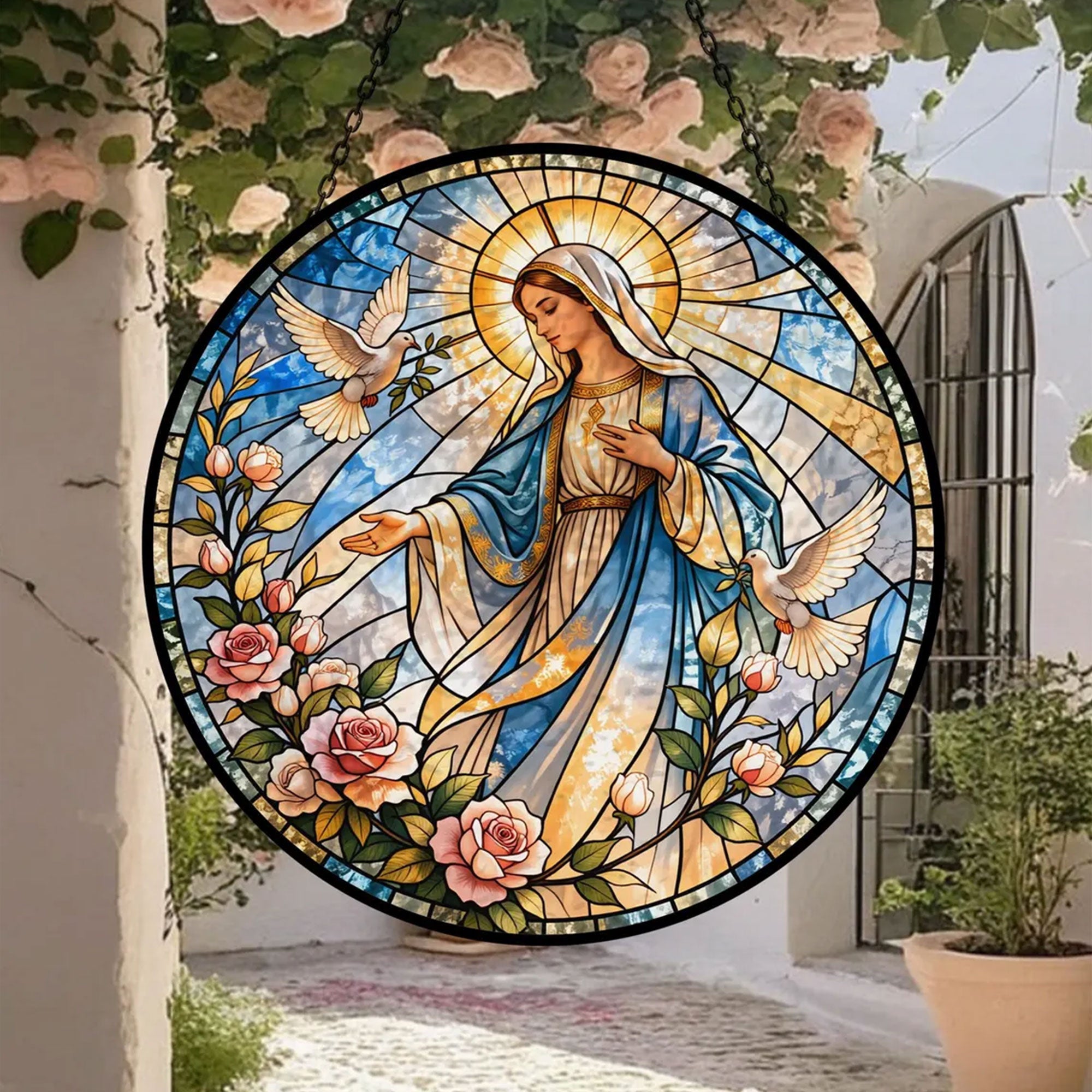 Virgin Mary with Doves and Roses Suncatcher, Catholic Window Hanging, Peaceful Christian Gift