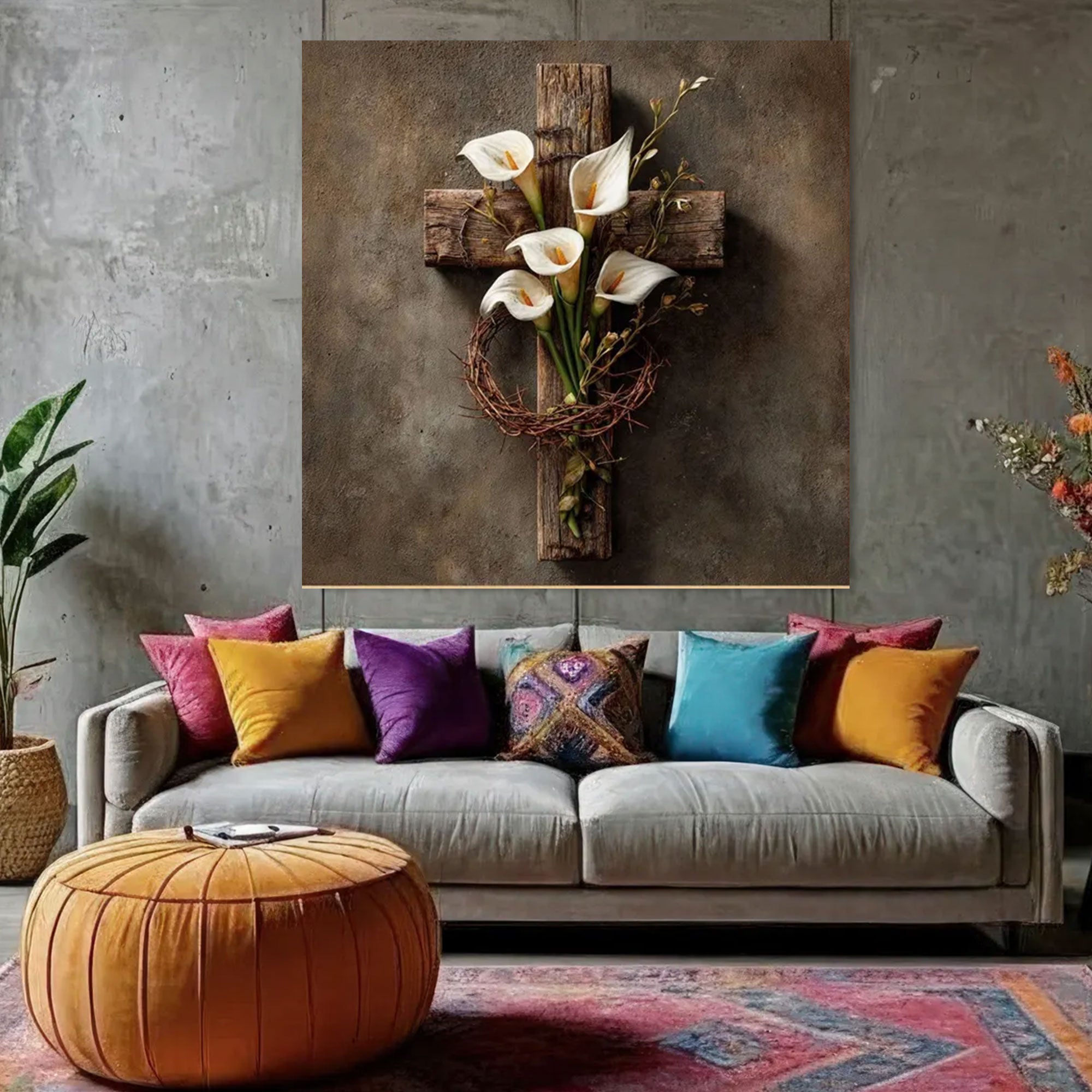 Rustic Wooden Cross Canvas Print, Calla Lily and Crown of Thorns Wall Art, Christian Floral Decor, Faith Based Home Decor, Inspirational Gift