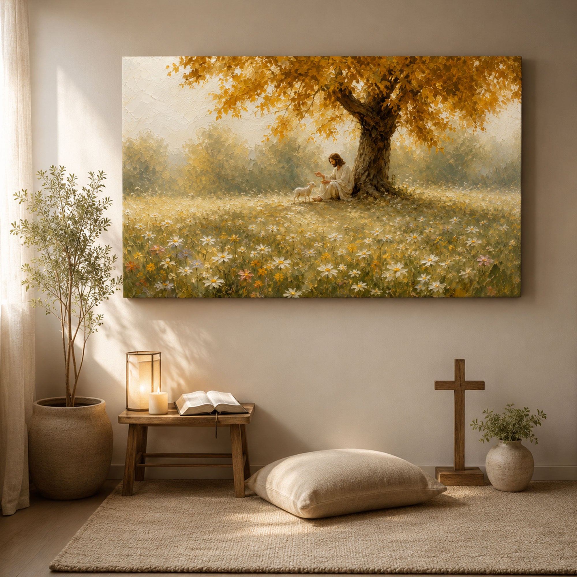 Good Shepherd Jesus with Lamb Canvas Print, Peaceful Christian Wall Art, Meadow Faith Home Decor