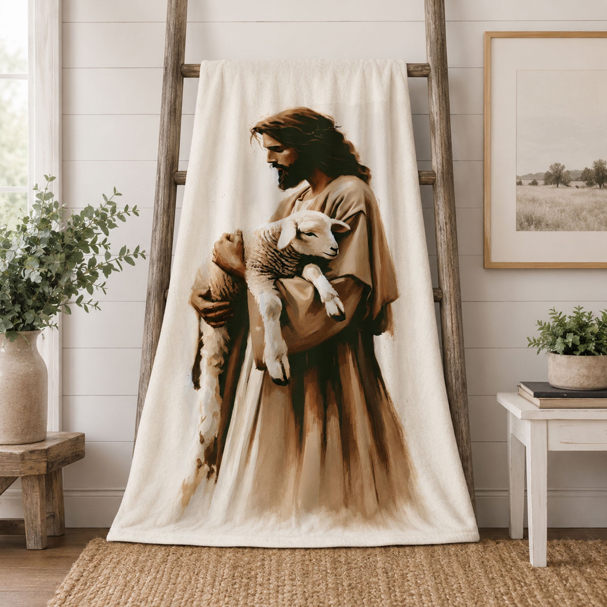 Jesus Holding Lamb Fleece Blanket, Good Shepherd Christian Throw, Faith Gift for Believers