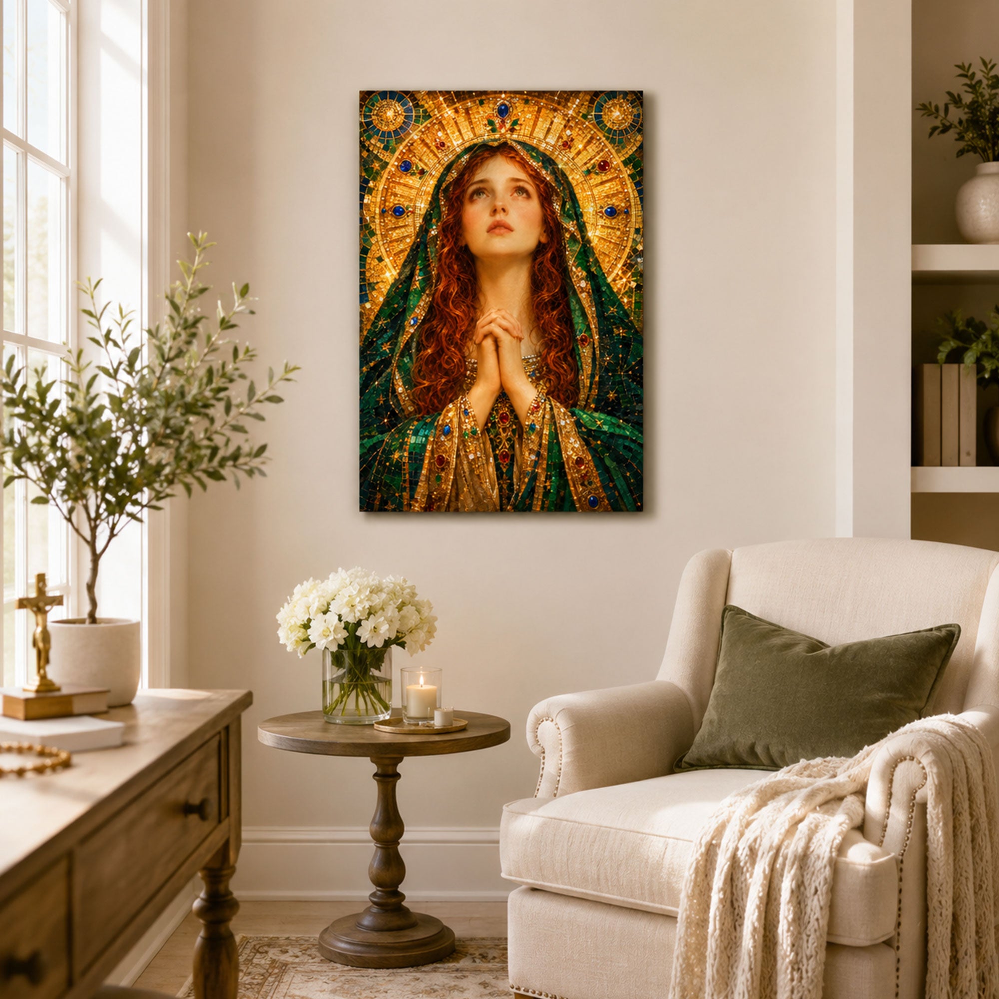 Saint Mary Magdalene Radiant Prayer Canvas Print, Emerald and Gold Sacred Decor