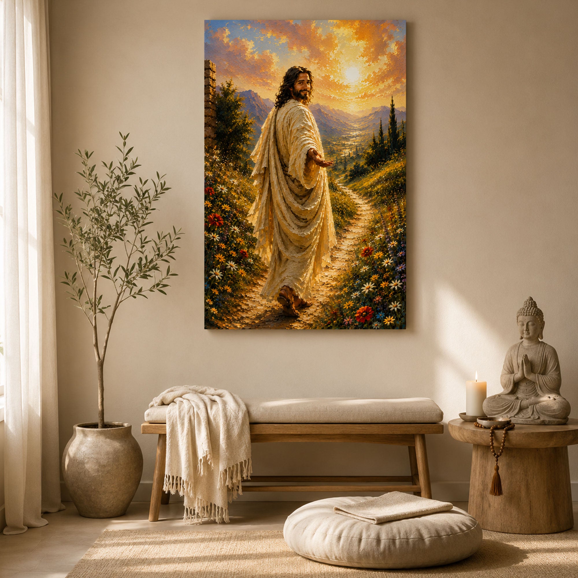 Jesus Reaching Out Canvas Print, Follow Me Christian Wall Art, Floral Path Faith Home Decor