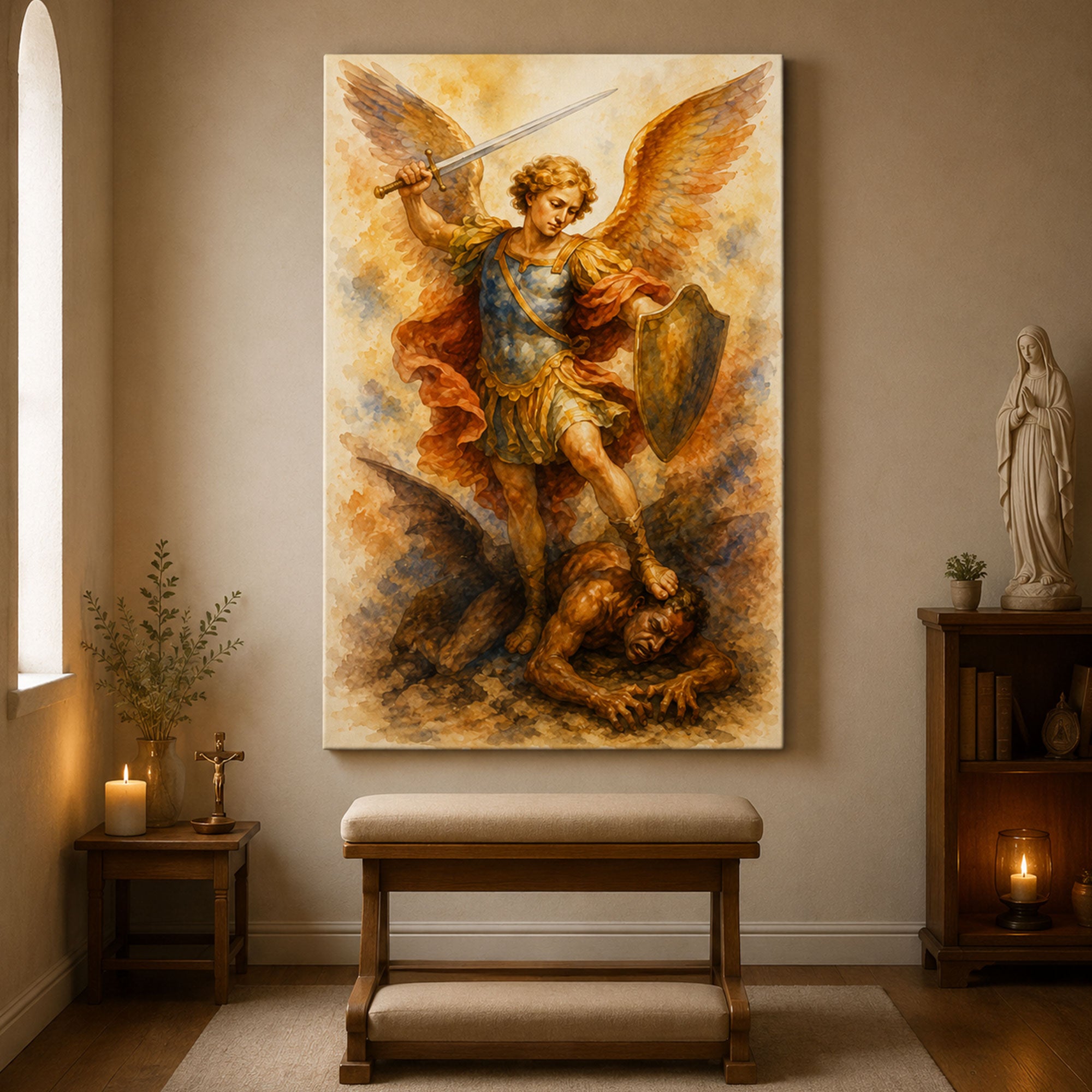 Saint Michael Archangel Canvas Print, Defeating Evil Catholic Wall Art, Guardian Faith Home Decor