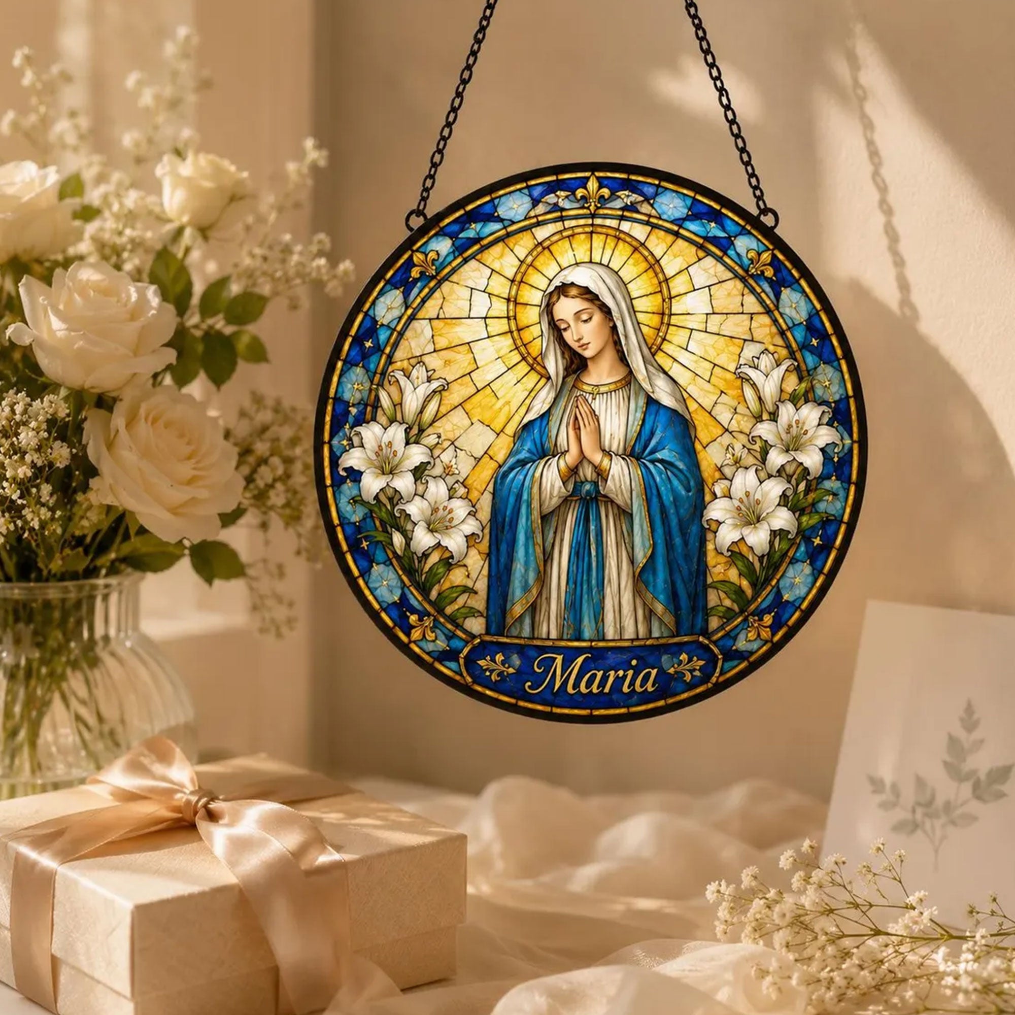 Virgin Mary with White Lilies Suncatcher, Catholic Window Hanging, Religious Gift for Women