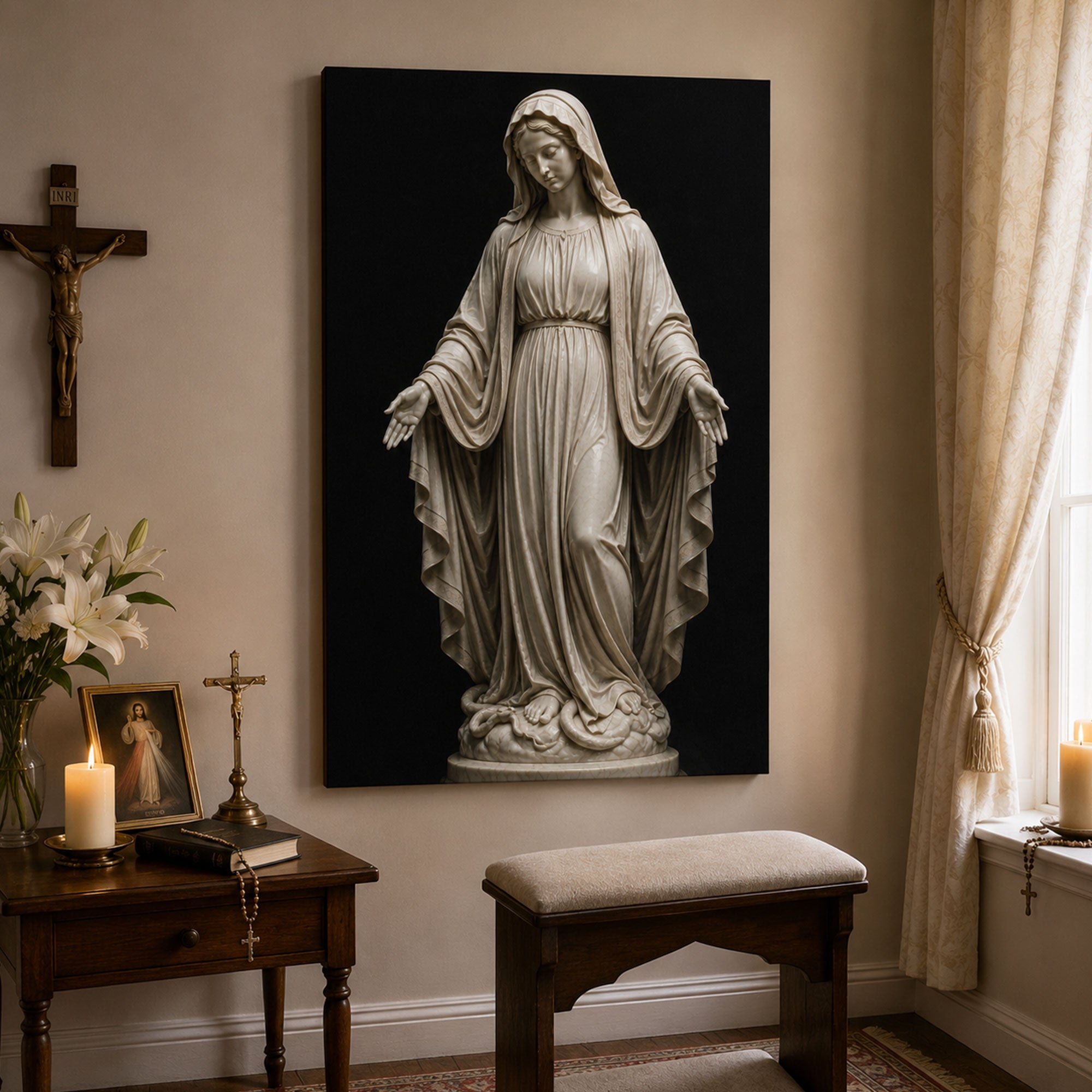 Virgin Mary Statue Canvas Print, Catholic Marian Wall Art, Faith Home Decor Gift