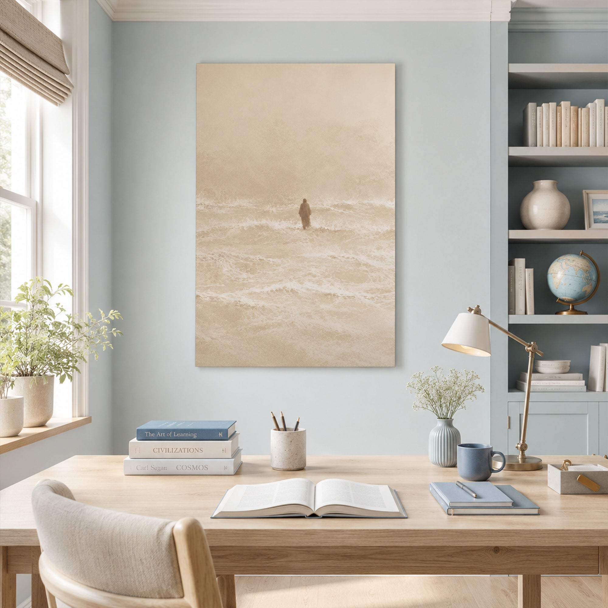 Jesus Walking Through the Storm Canvas Print, Minimalist Christian Ocean Wall Art, Faith Over Fear Spiritual Home Decor