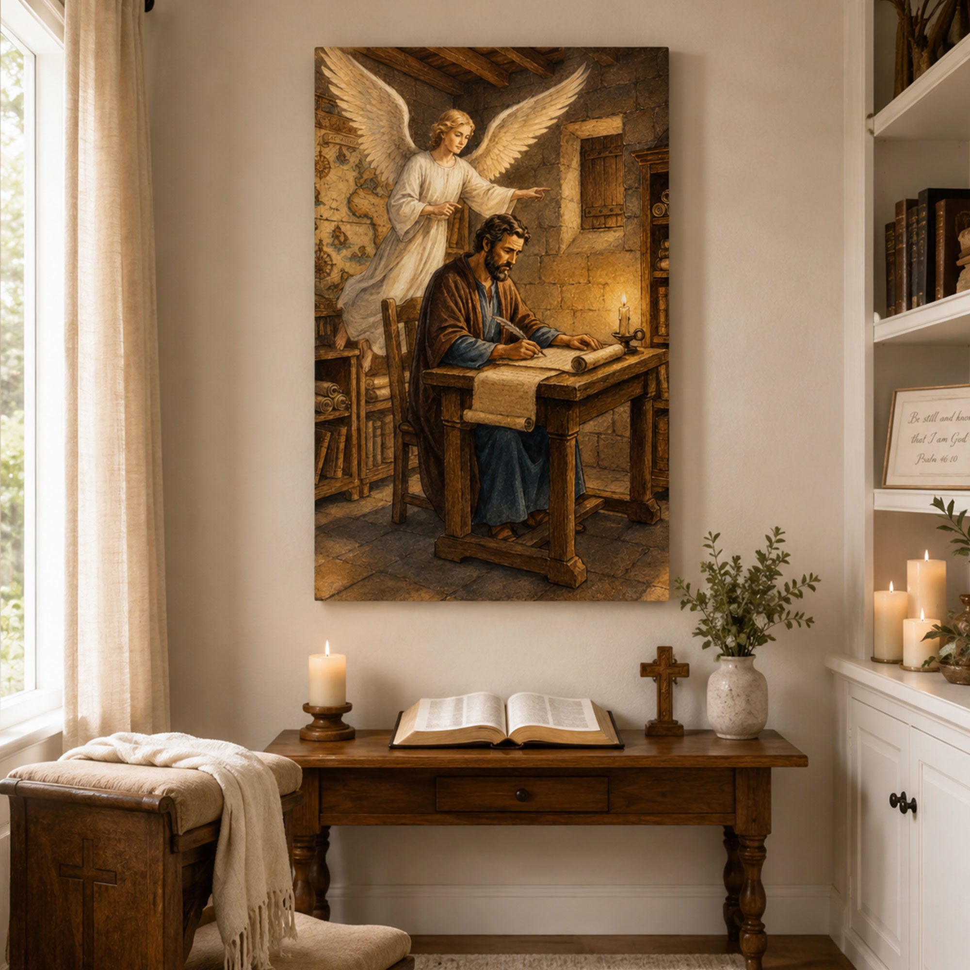 Saint Matthew Writing the Gospel Canvas Print, Angel Inspired Catholic Wall Decor, Faith Gift