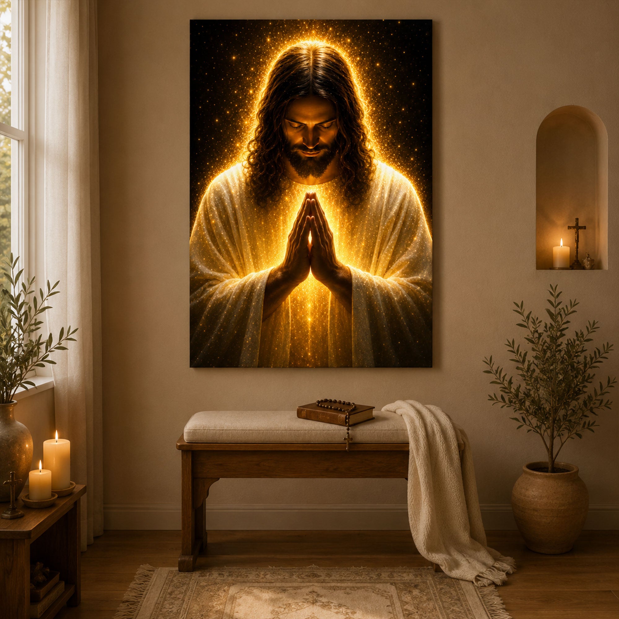 Praying Jesus Canvas Print, Golden Light Christian Wall Art, Peaceful Faith Home Decor
