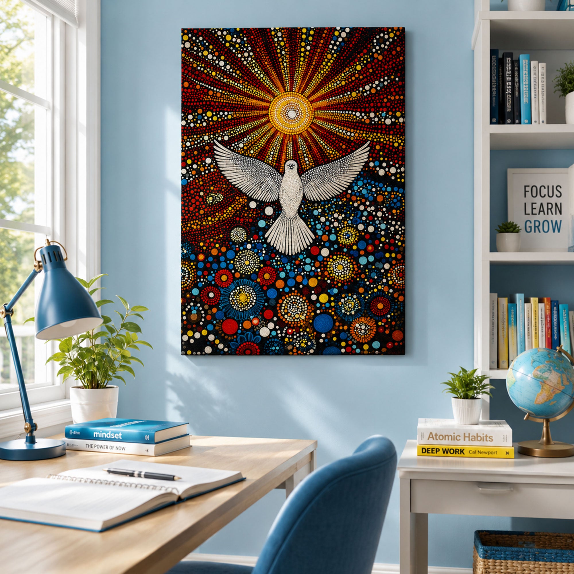 Trinity Sunday Throne of Grace Framed Canvas Print, Holy Spirit Dove and Radiant Sun Christian Wall Art for Church and Faith Home