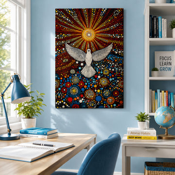Trinity Sunday Throne of Grace Framed Canvas Print, Holy Spirit Dove and Radiant Sun Christian Wall Art for Church and Faith Home