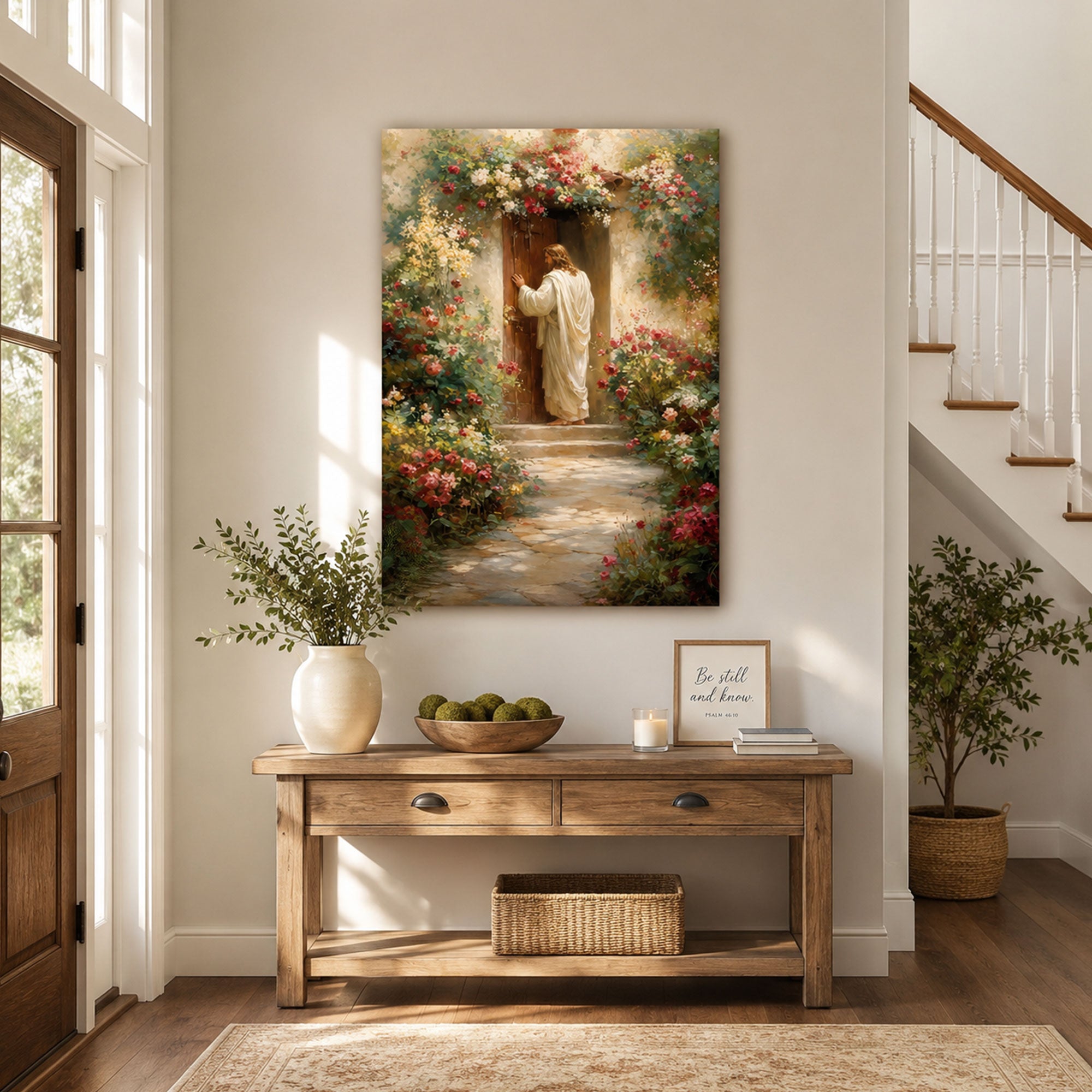 Jesus Knocking at the Garden Door Canvas Print, Christian Open Door Wall Art, Floral Faith Home Decor Gift