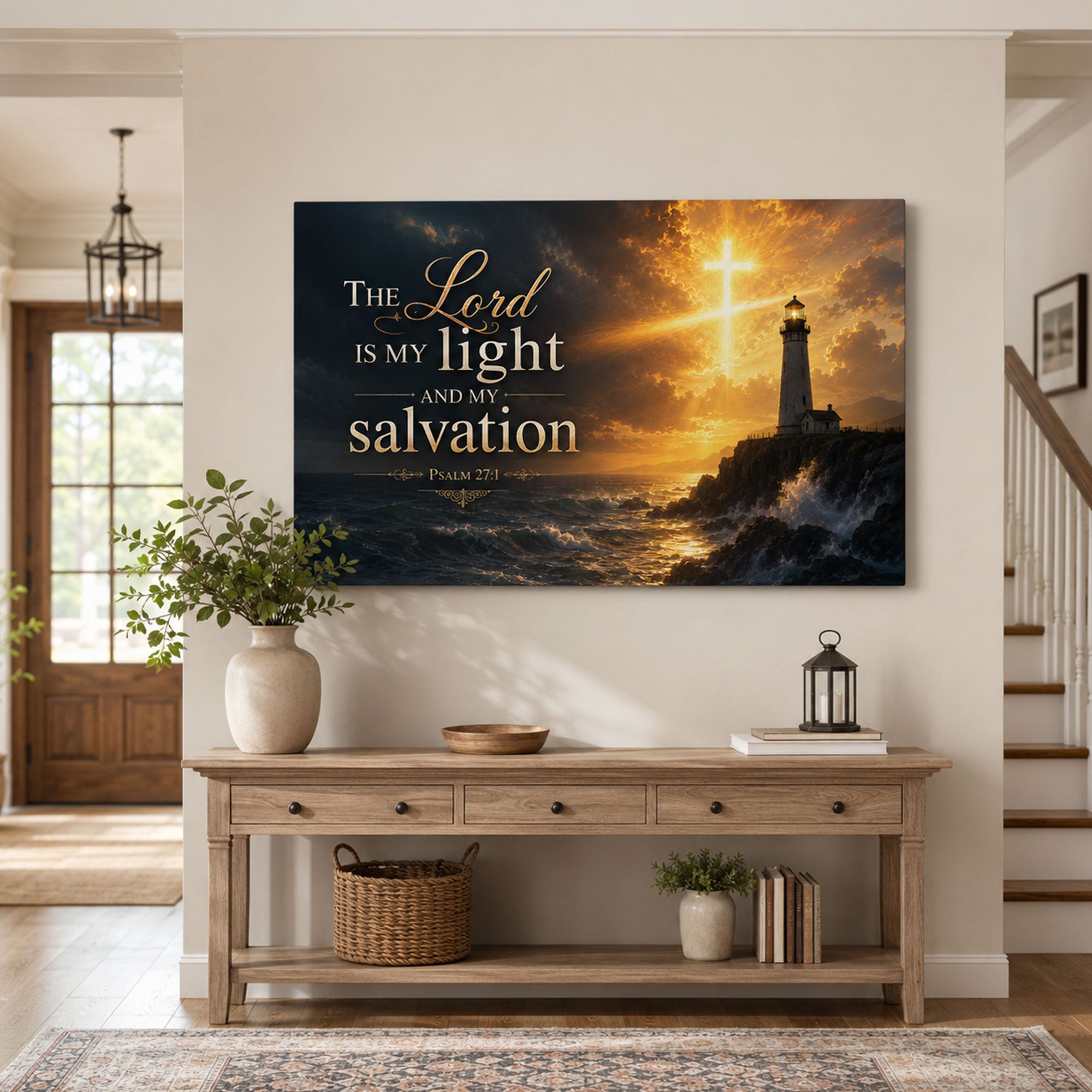 Psalm 27:1 Lighthouse Canvas Print, The Lord Is My Light Christian Wall Art, Coastal Faith Home Decor Gift