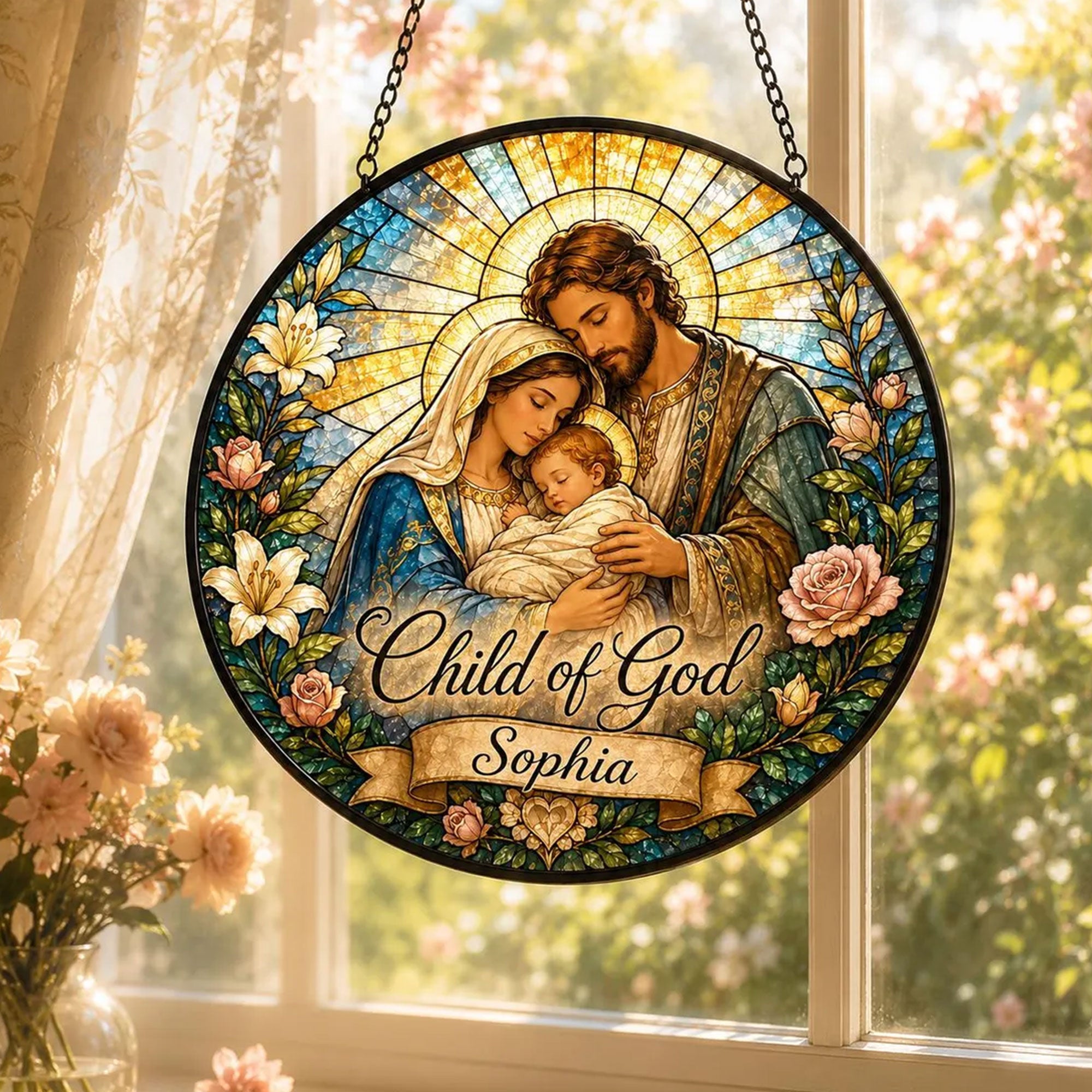 Personalized Child of God Holy Family Suncatcher, Custom Name Catholic Baptism Gift for Baby Girl