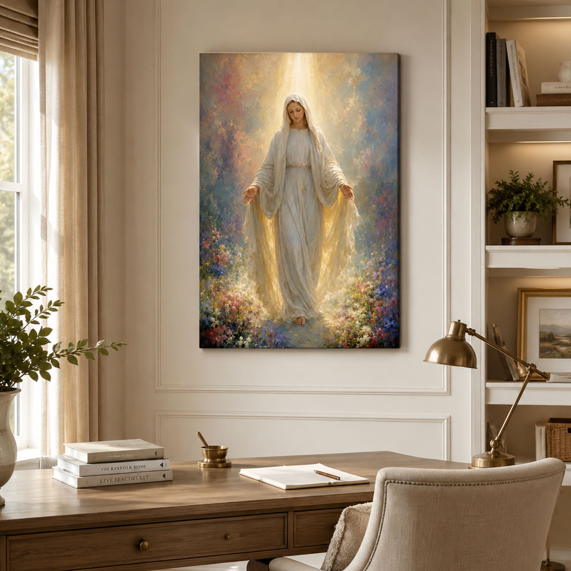 Virgin Mary in Heavenly Light Canvas Print, Catholic Home Decor