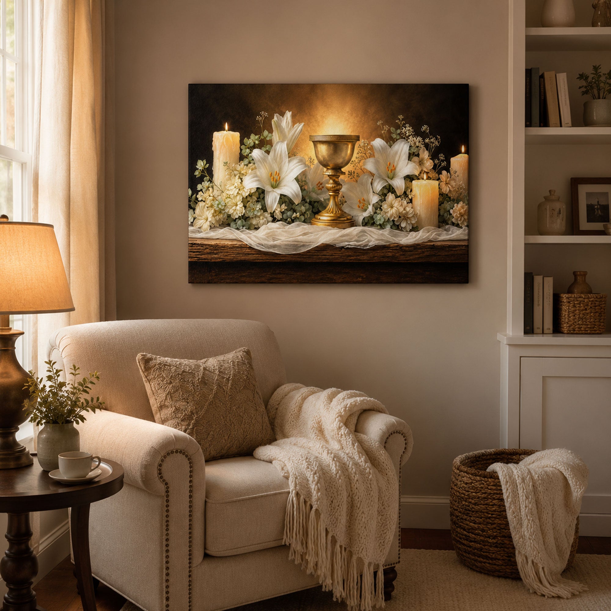 Holy Eucharist Panoramic Canvas Print, Chalice and Lilies Catholic Wall Art, Faith Home Decor Gift