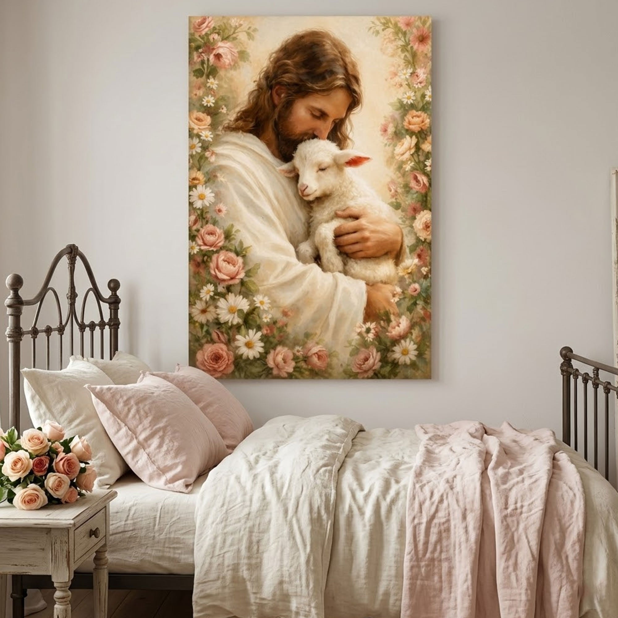Jesus and Lamb Canvas Print, Good Shepherd Christian Wall Art, Peaceful Faith Home Decor