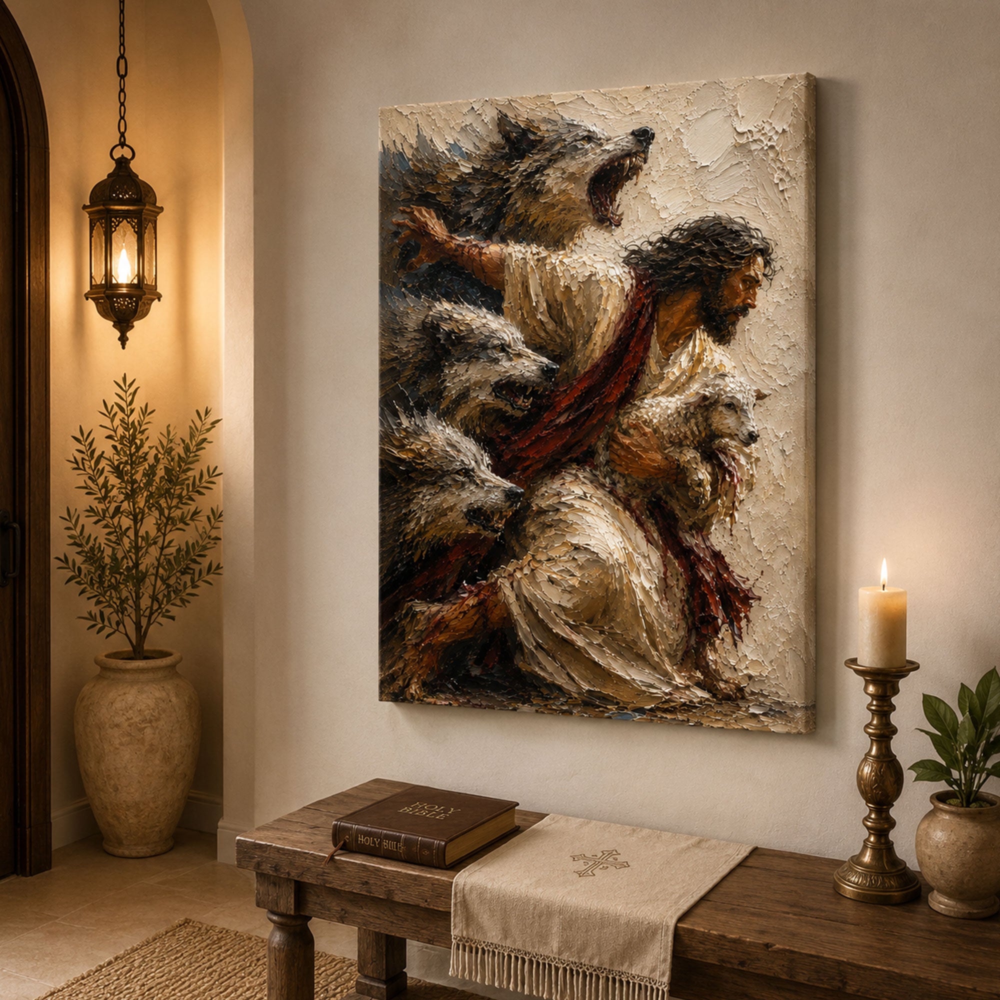 Jesus Protecting the Lamb Canvas Print, Good Shepherd Christian Wall Art, Faith Home Decor