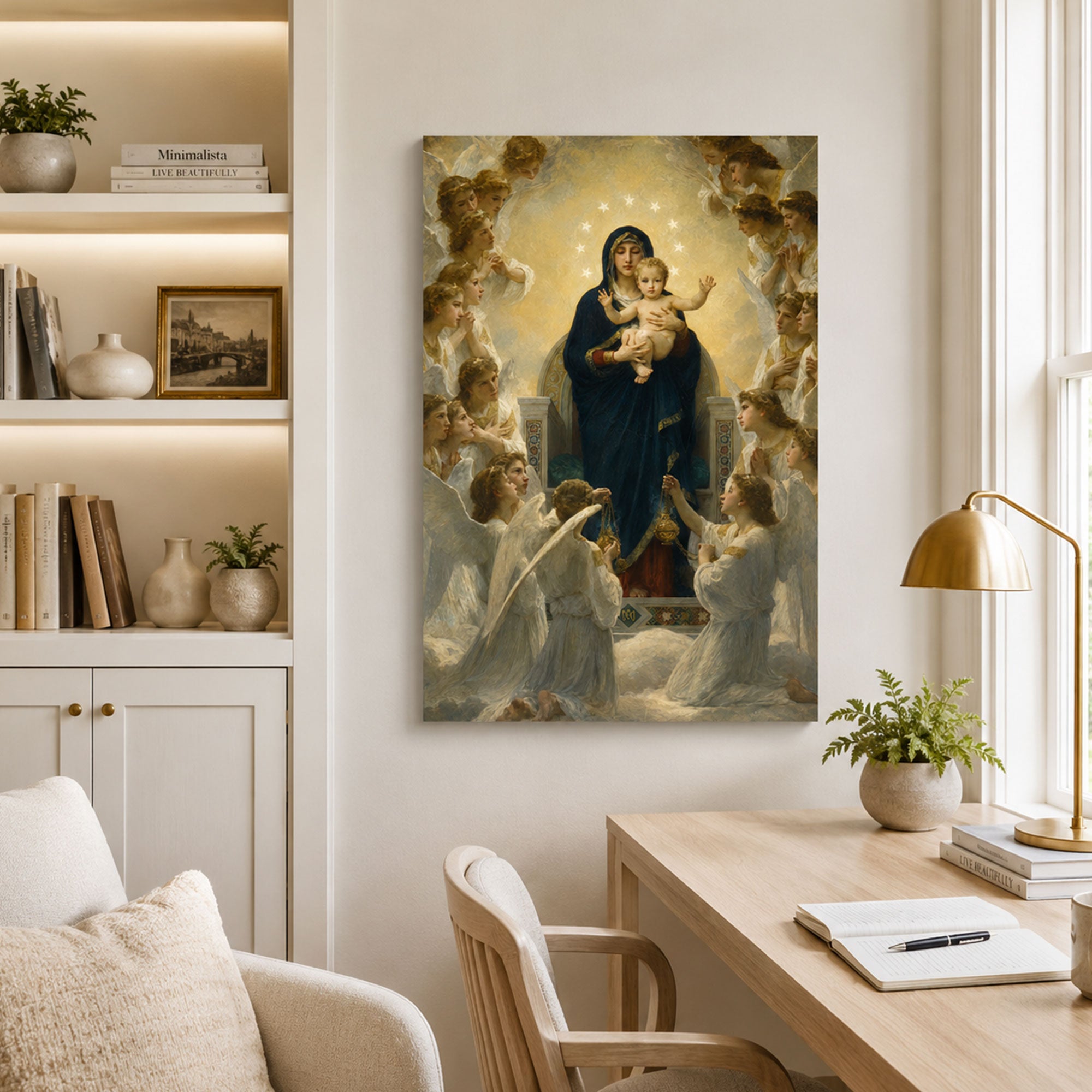 Our Lady Queen of Angels Canvas Print, Virgin Mary and Child Jesus Catholic Wall Decor, Marian Faith Gift