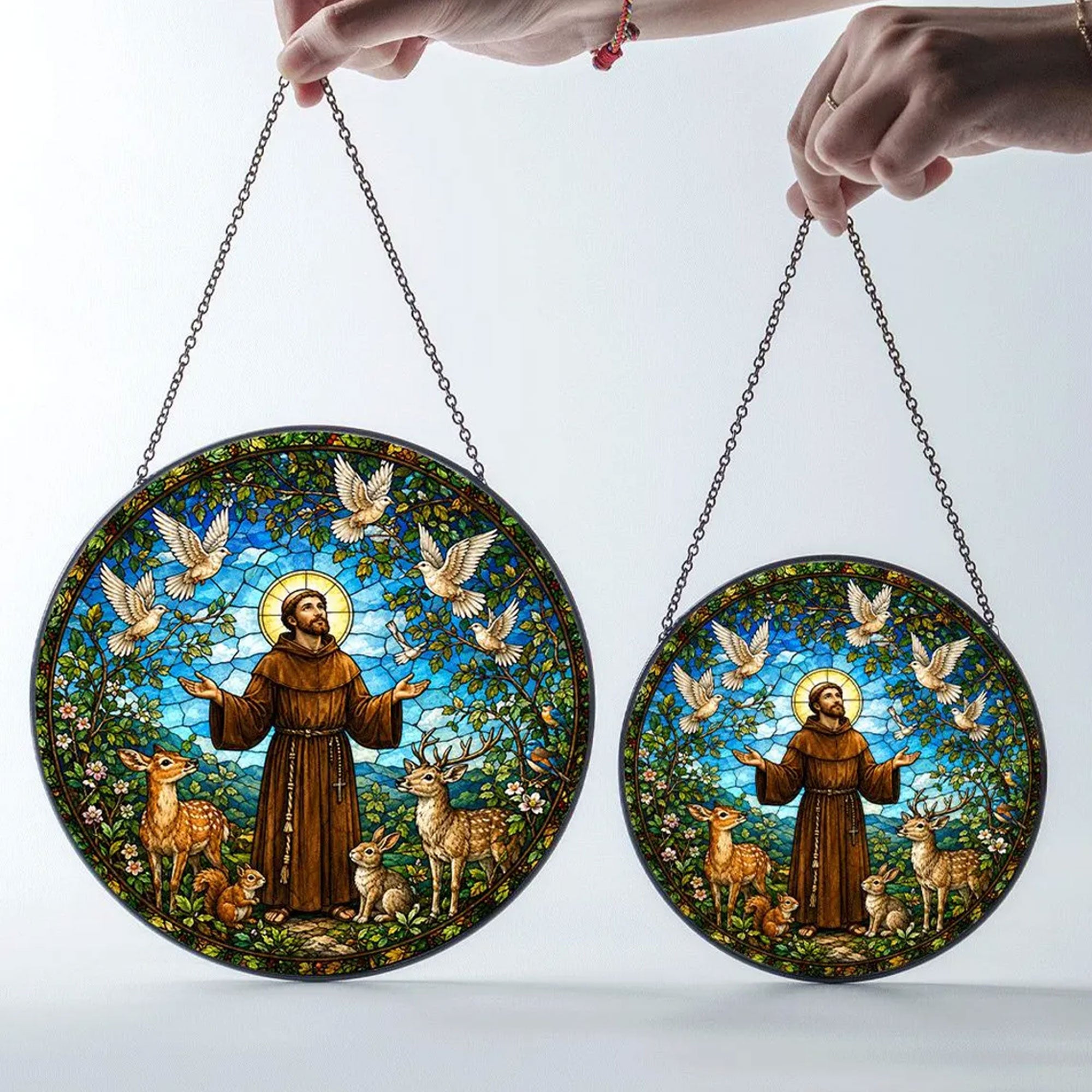 Saint Francis of Assisi Stained Glass Suncatcher, Patron Saint of Animals Catholic Window Hanging, Christian Faith Decor Gift