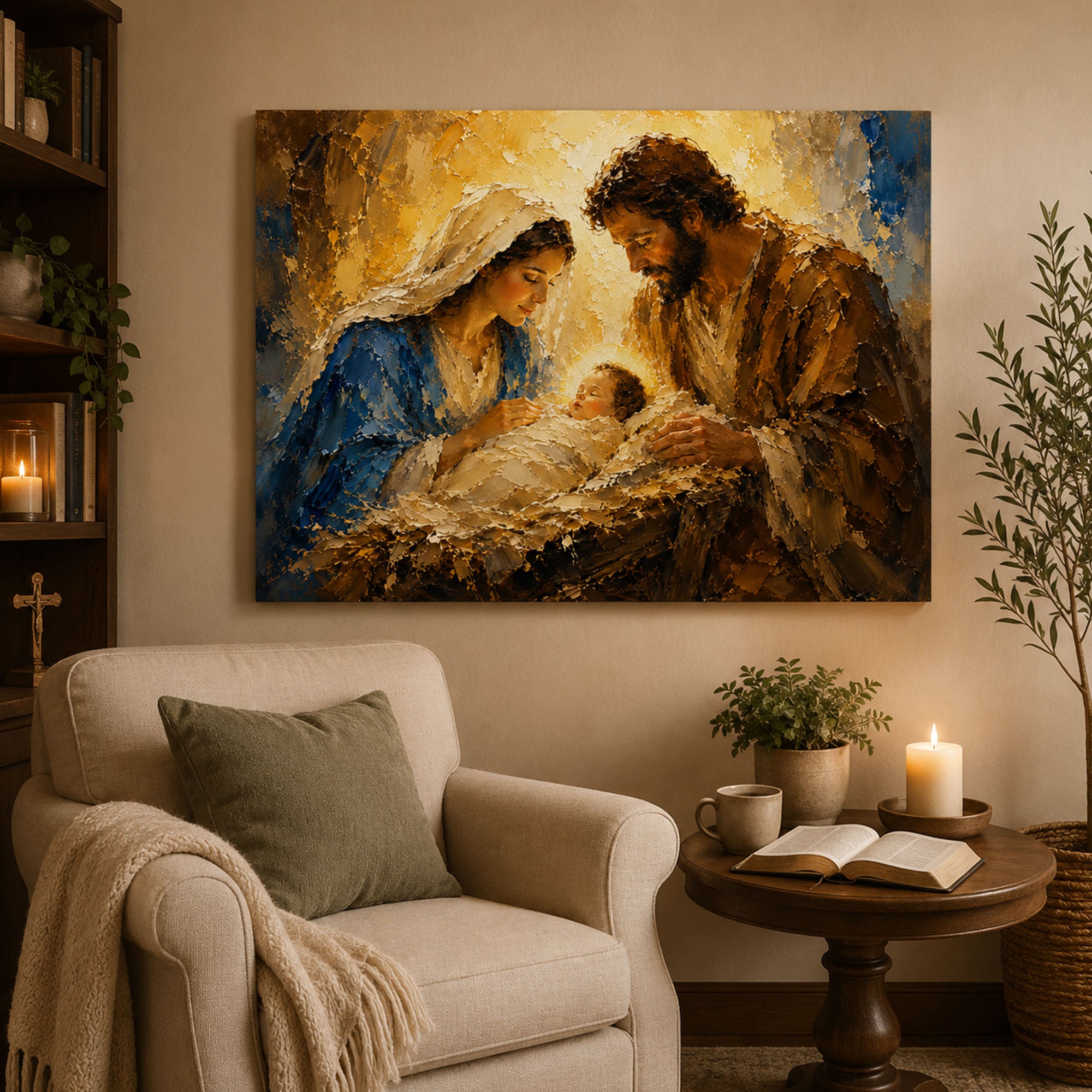 Holy Family Nativity Canvas Print, Baby Jesus in Manger Wall Art, Christmas Catholic Home Decor