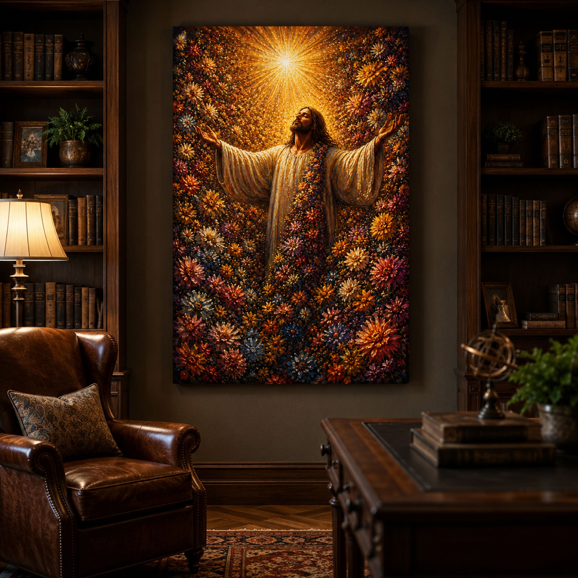 Radiant Light Blessing Canvas Print, Jesus with Open Arms, Spiritual Flower Garden Wall Art