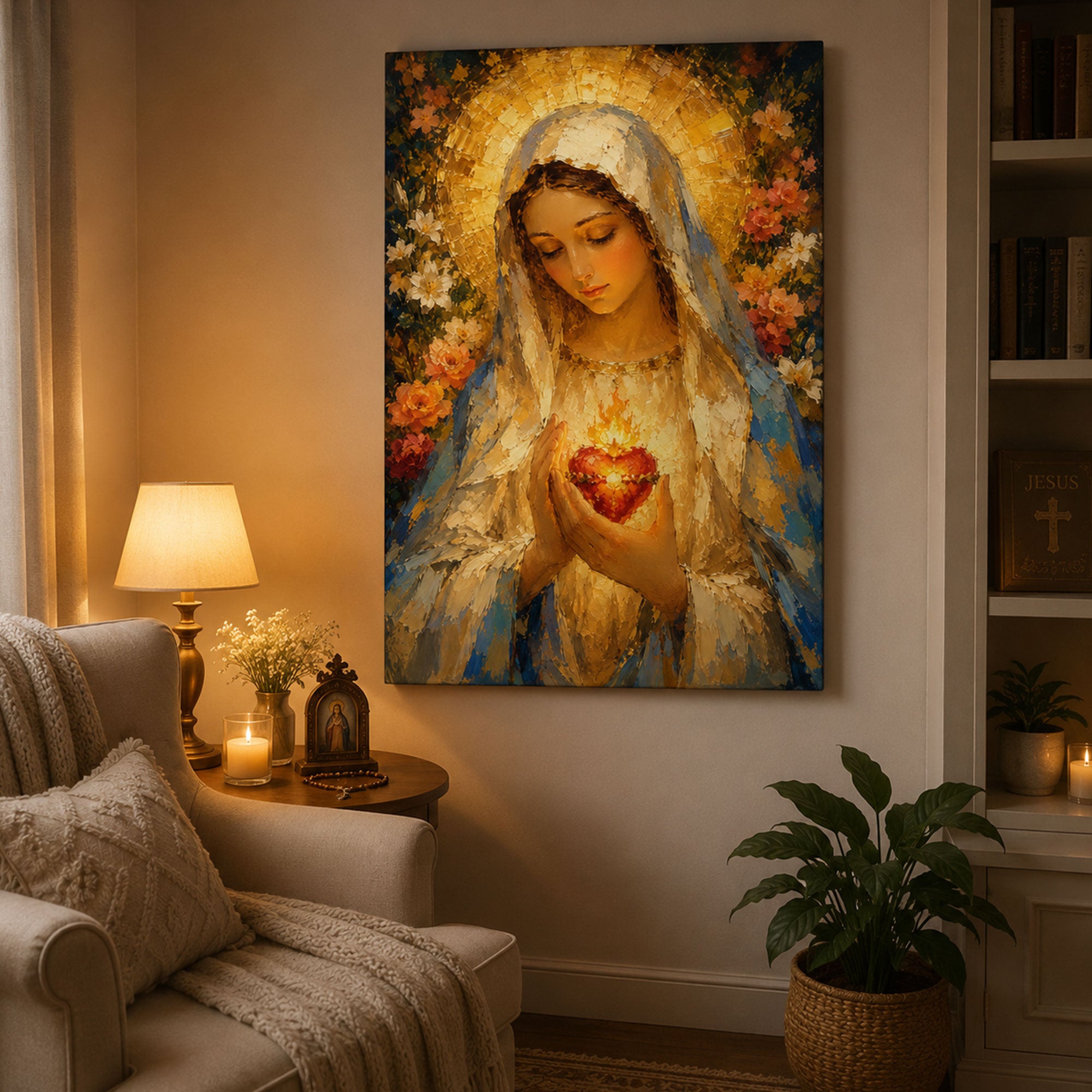 Immaculate Heart of Mary Canvas Print, Blessed Virgin Mary Wall Art, Catholic Sacred Heart Decor, Floral Religious Home Decor