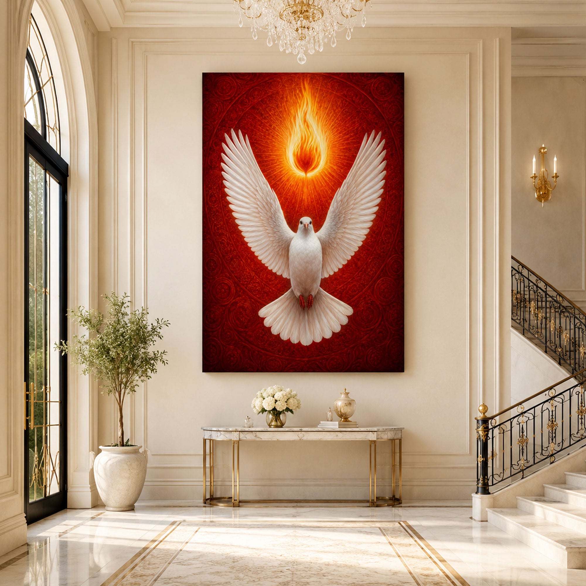 Holy Spirit Fire Dove Canvas Print, Pentecost Christian Wall Art, Divine Flame Faith Decor
