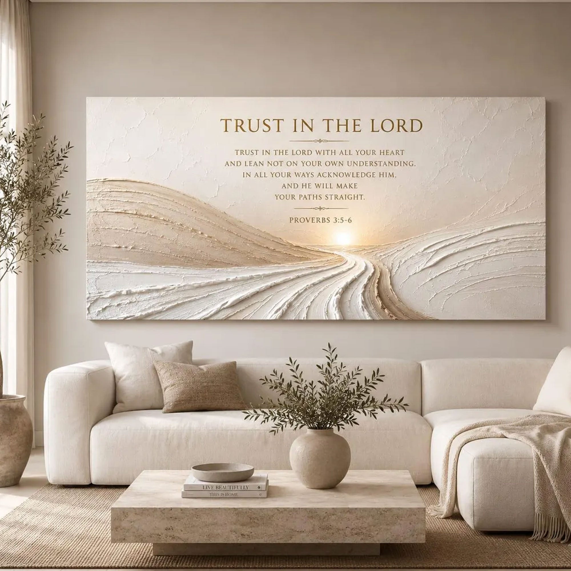 Trust In The Lord Canvas Print, Christian Bible Verse Wall Art, Neutral Minimalist Faith Home Decor