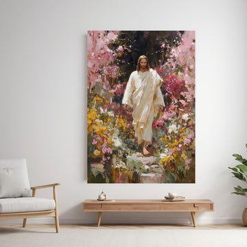 Jesus with Flowers Canvas Print, Christian Wall Art, Faith Based Religious Home Decor