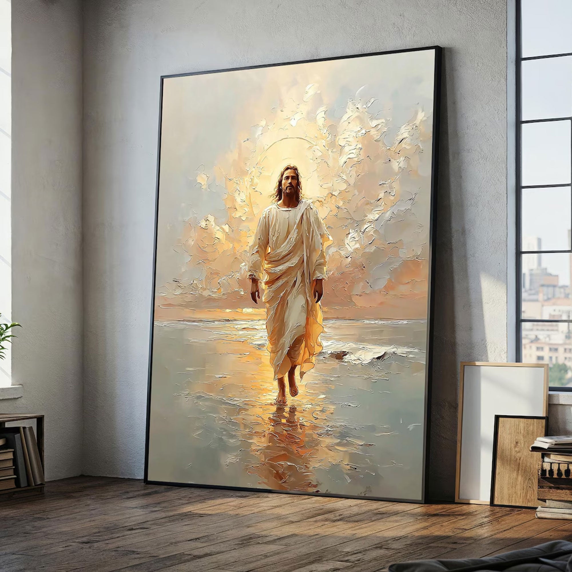 Jesus Walking in Light Canvas Print, Glorious Sunrise Faith Scene, Divine Presence Christian Wall Art, Prayer Room Decor, Ready to Hang Inspirational Gift