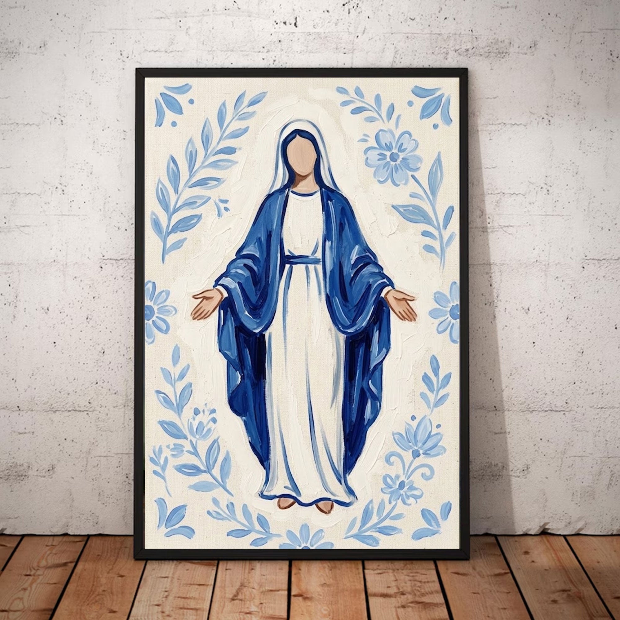 Minimalist Virgin Mary Canvas Print, Blue Madonna Catholic Wall Art, Christian Religious Decor, Sacred Home Painting