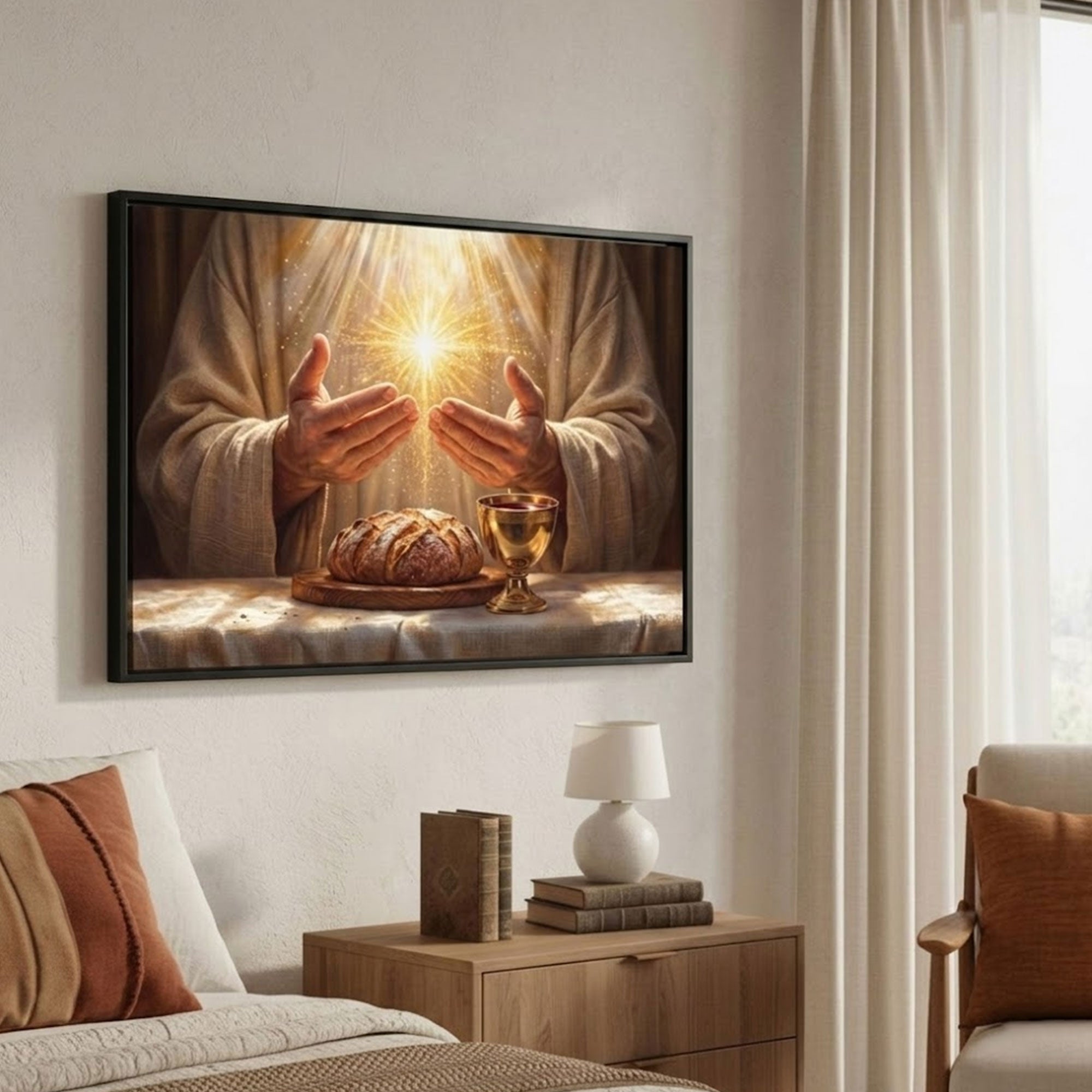 Golden Light Eucharist Canvas Print, Abstract Christian Wall Art, Catholic Faith Home Decor