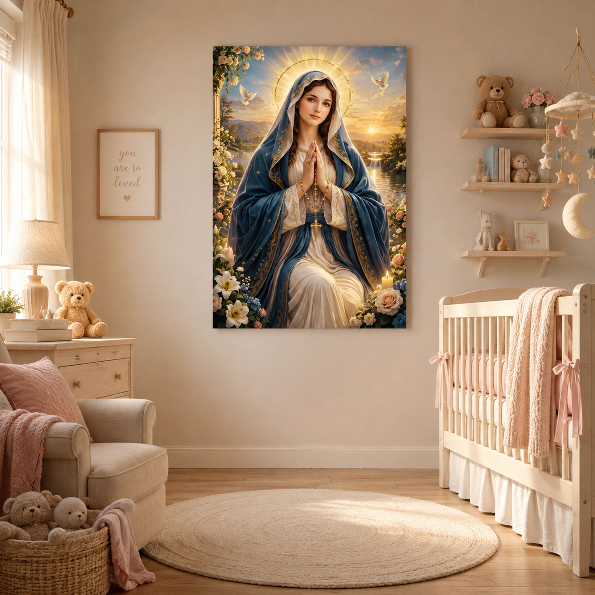 Virgin Mary Canvas Print, Blessed Mother Christian Wall Art, Heavenly Faith Decor, Peaceful Spiritual Artwork