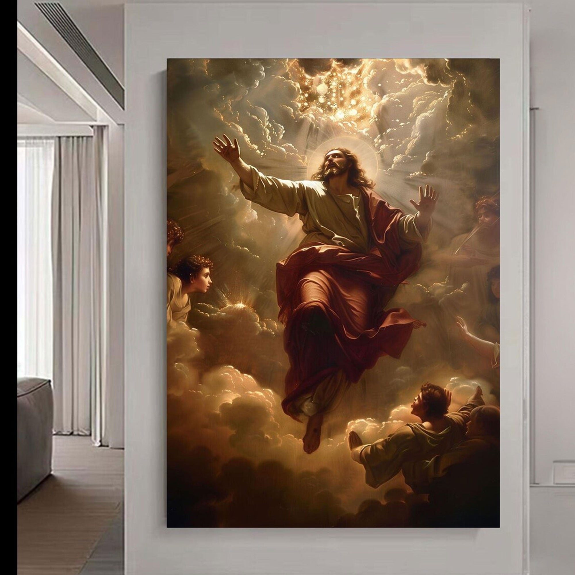 Ascending Christ Canvas Print, Christian Wall Art, Divine Light Decor, Heavenly Clouds Scene