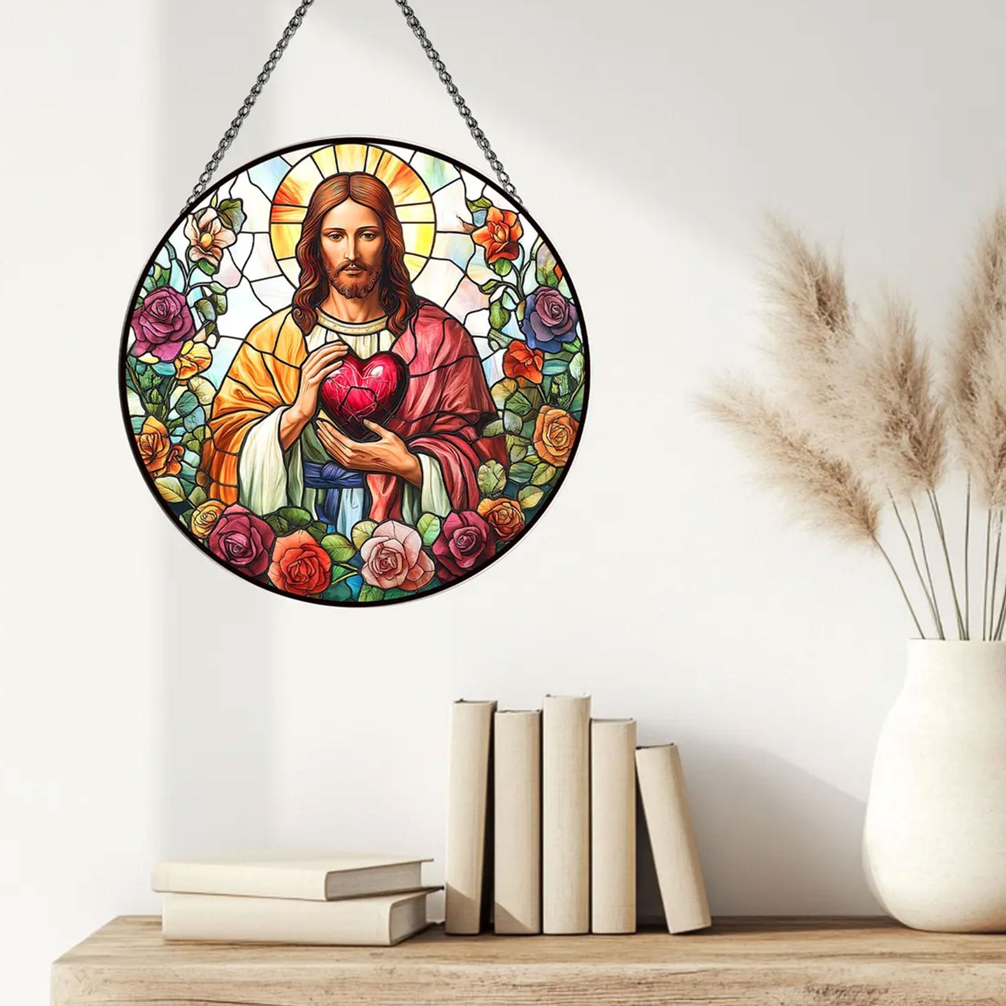 Sacred Heart of Jesus Stained Glass Suncatcher, Christian Window Hanging Decor, Catholic Religious Faith Gift
