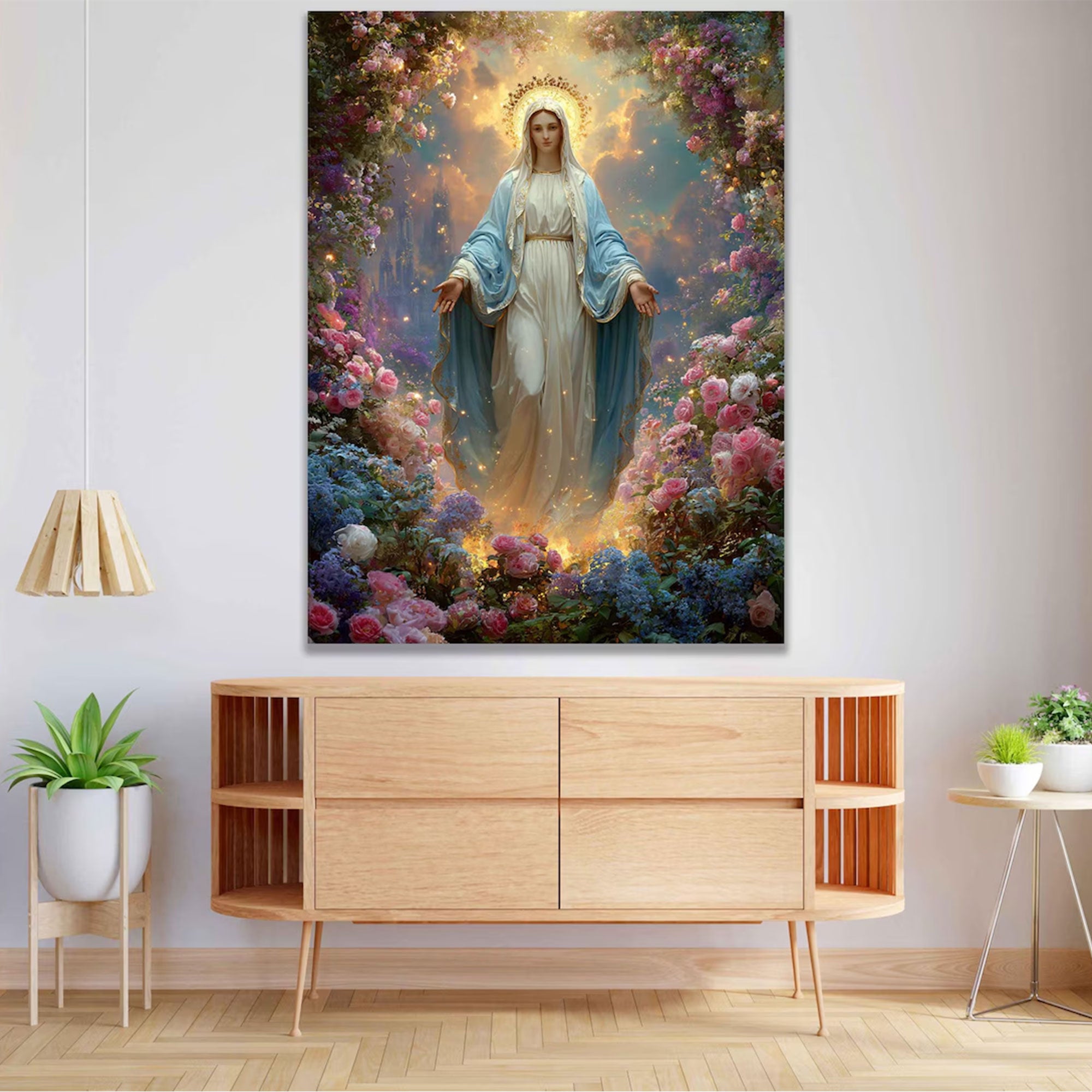 Virgin Mary Floral Canvas Wall Art, Blessed Mother Christian Decor, Catholic Religious Printing