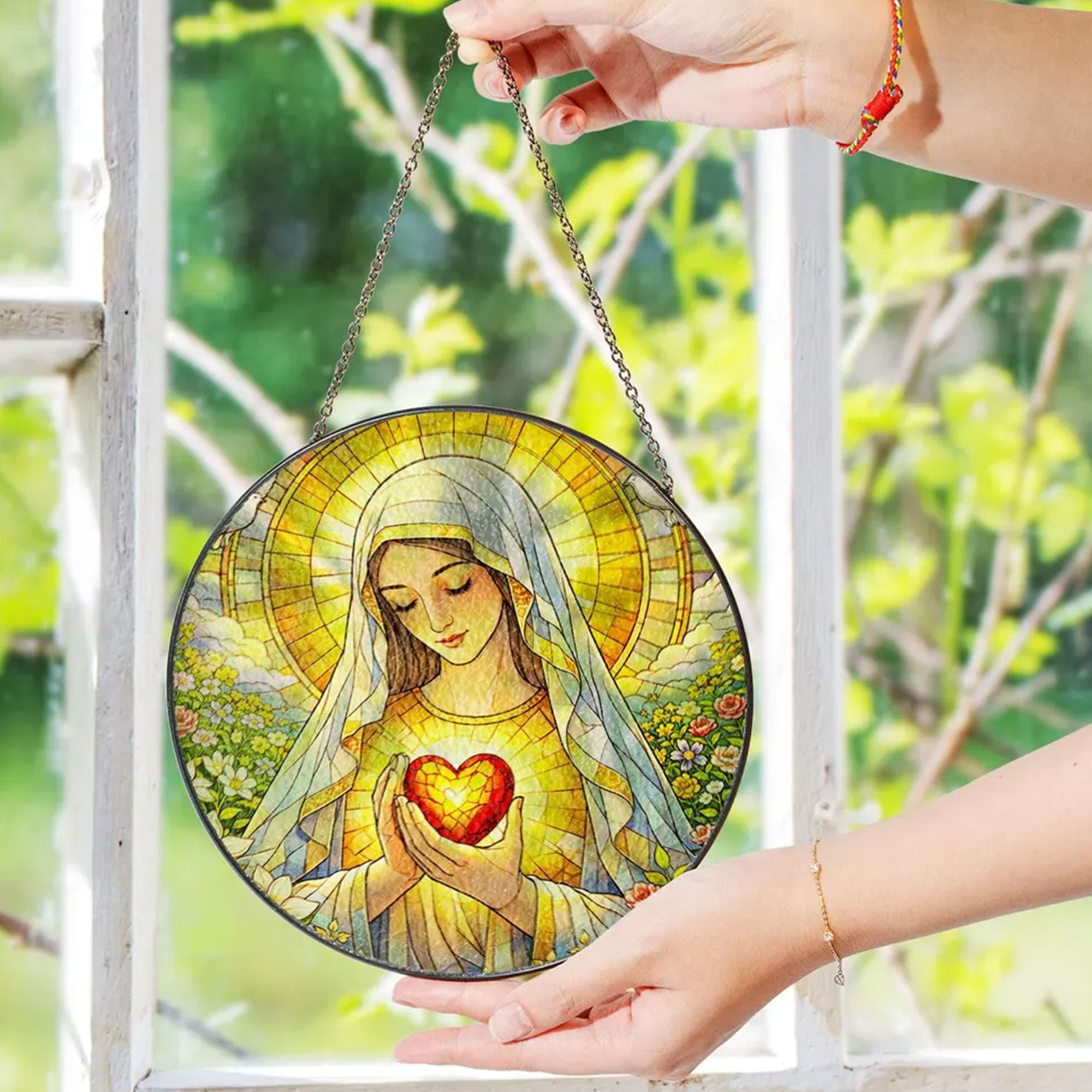 Virgin Mary Stained Glass Suncatcher, Immaculate Heart of Mary Window Hanging, Catholic Religious Decor, Faith Gift