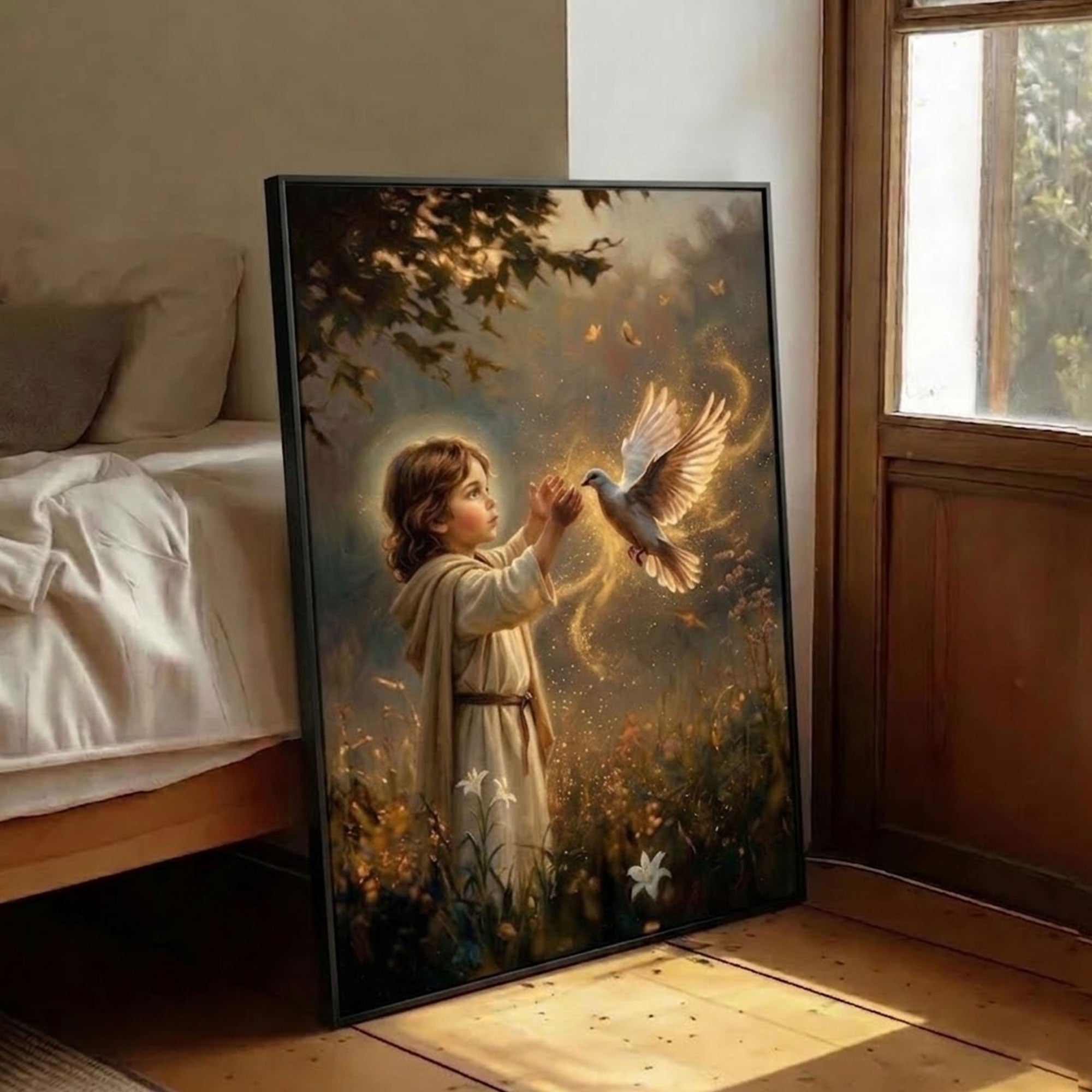Child with Holy Spirit Dove Canvas Print, Christian Faith Wall Art, Symbol of Innocence and Divine Presence, Spiritual Light Decor, Inspirational Gift