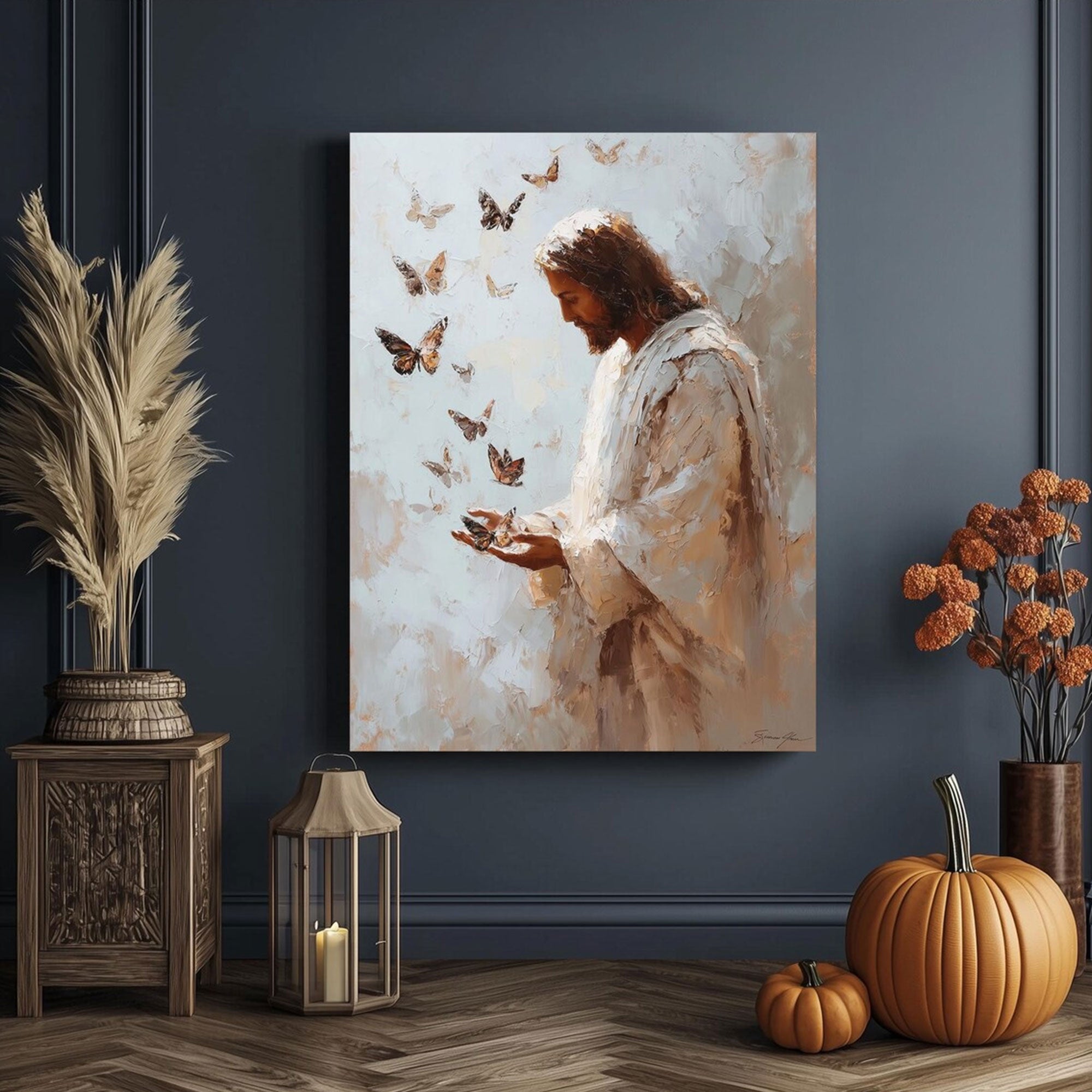 Jesus with Butterflies Canvas Print, Christian Inspirational Wall Art, Peaceful Faith Home Decor