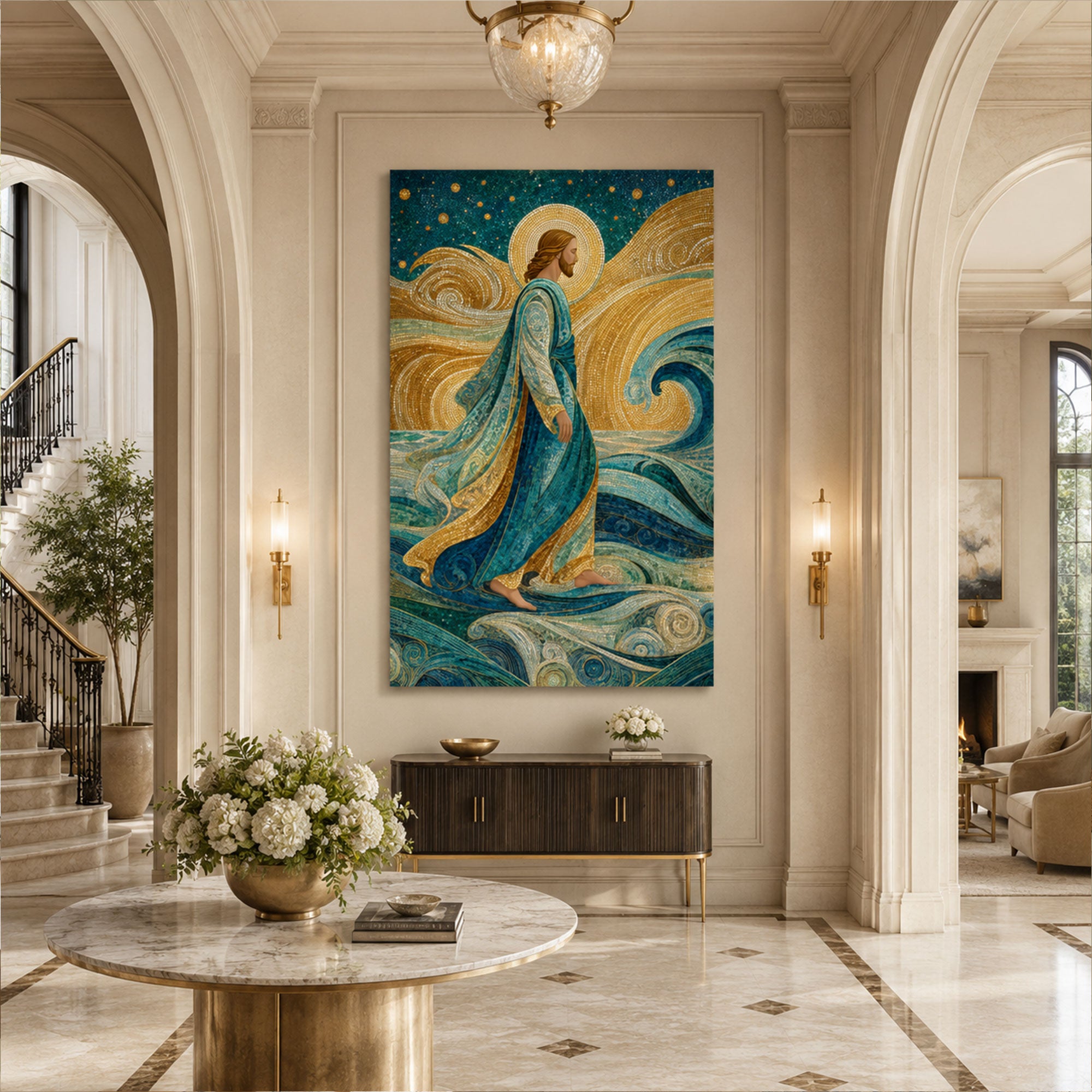 Jesus Walking on Water Mosaic Canvas Print, Gustav Klimt Inspired Christian Wall Art, Golden Spiritual Home Decor