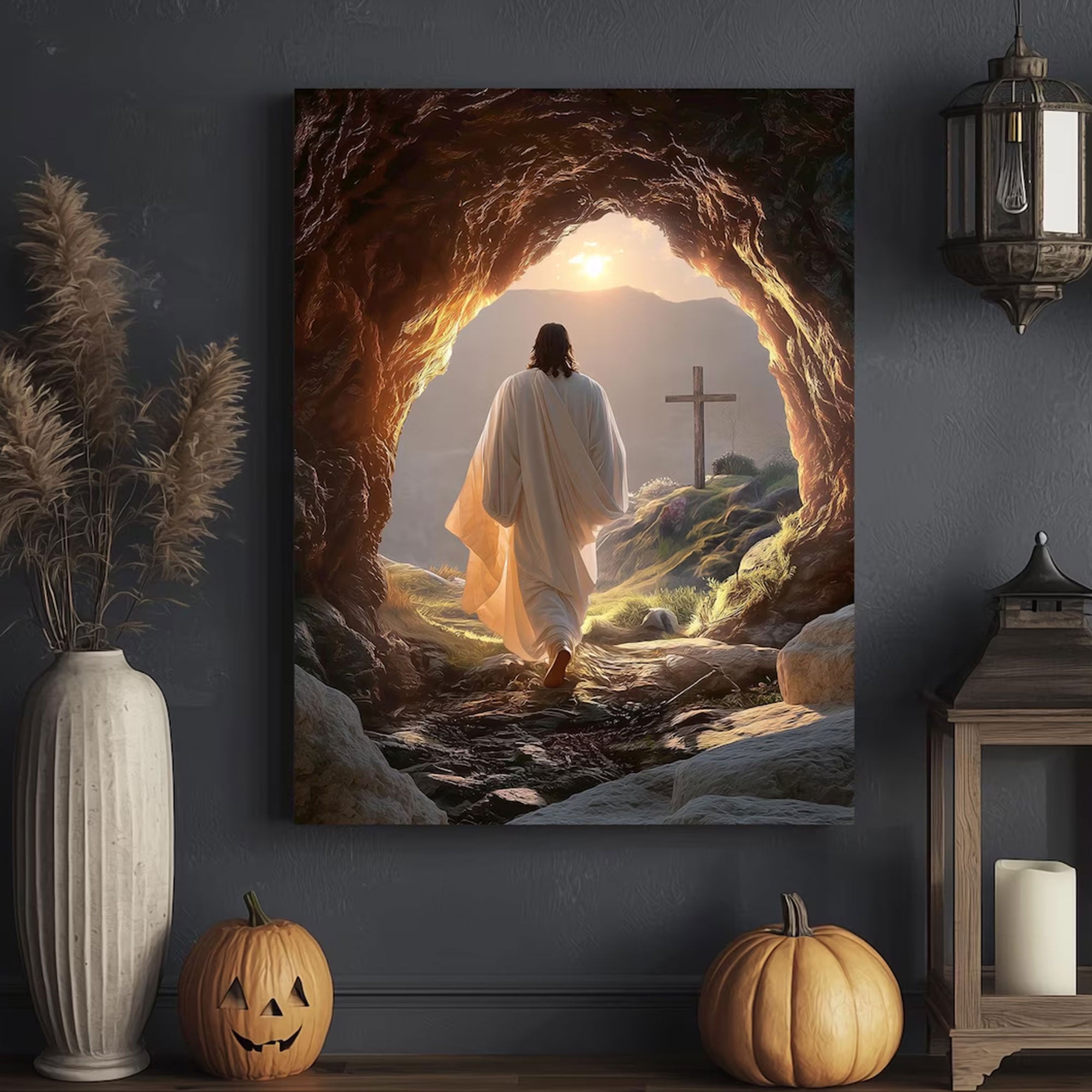 Jesus Resurrection Canvas Wall Art, Risen Christ Painting, Peaceful Christian Home Decor