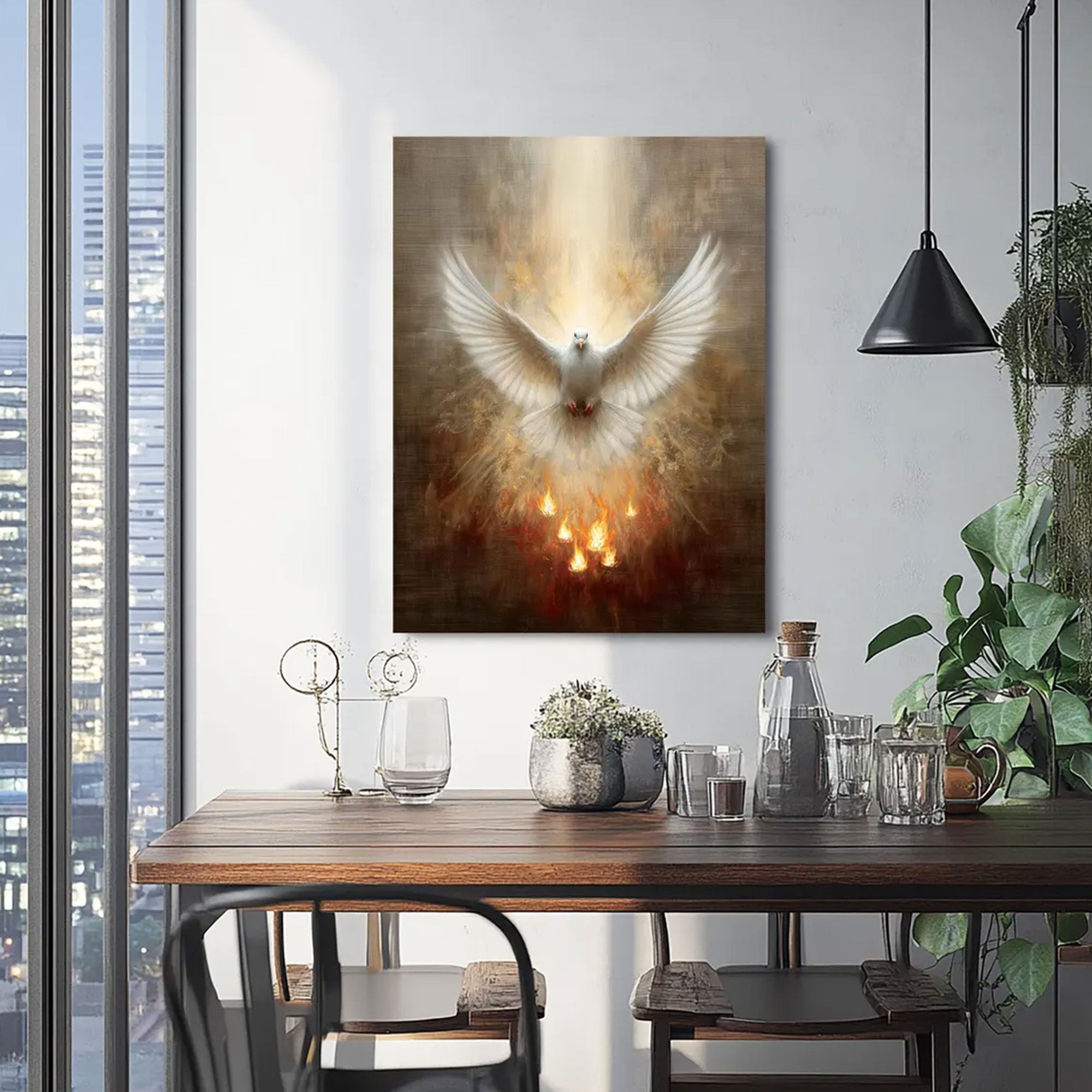Holy Spirit Dove Canvas Print, Pentecost Fire Christian Wall Art, Religious Faith Decor, Sacred Spiritual Artwork