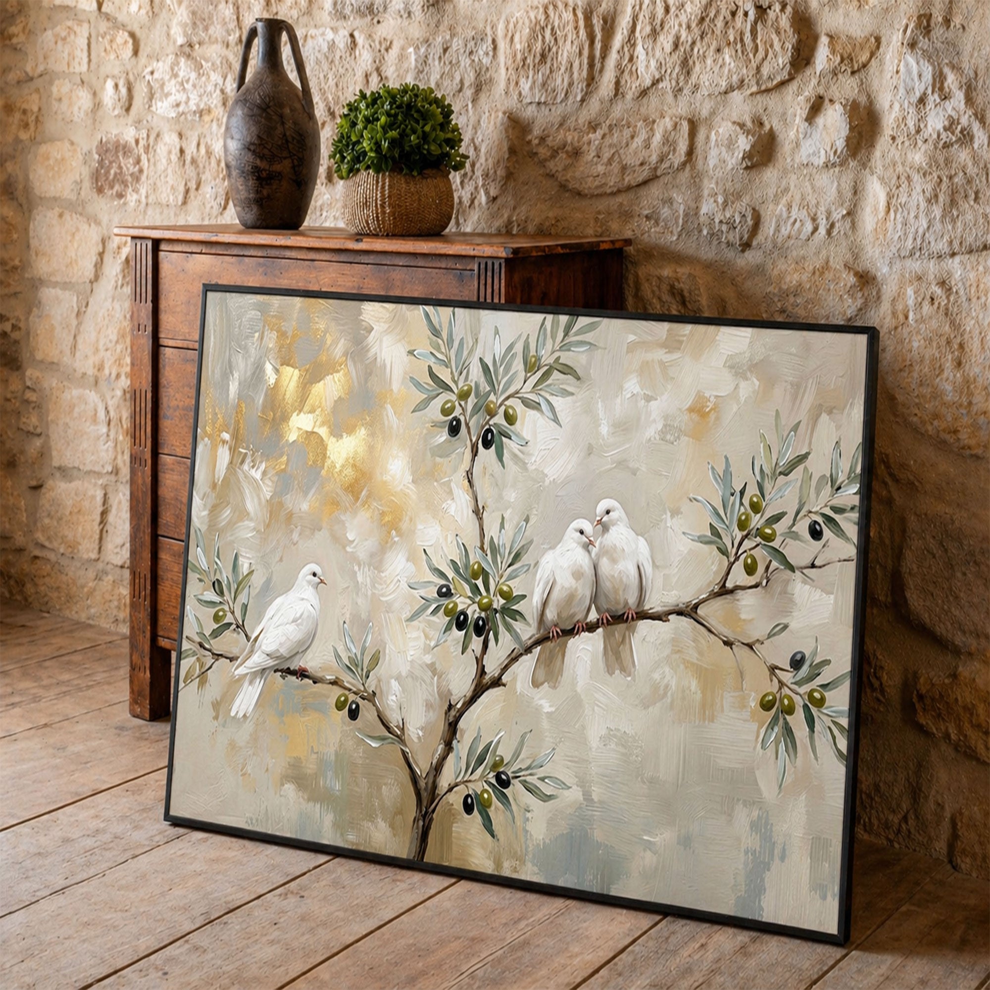 Olive Branch Dove Canvas Print, Symbol of Peace Wall Art, Neutral Bird Painting, Calm Minimalist Home Decor
