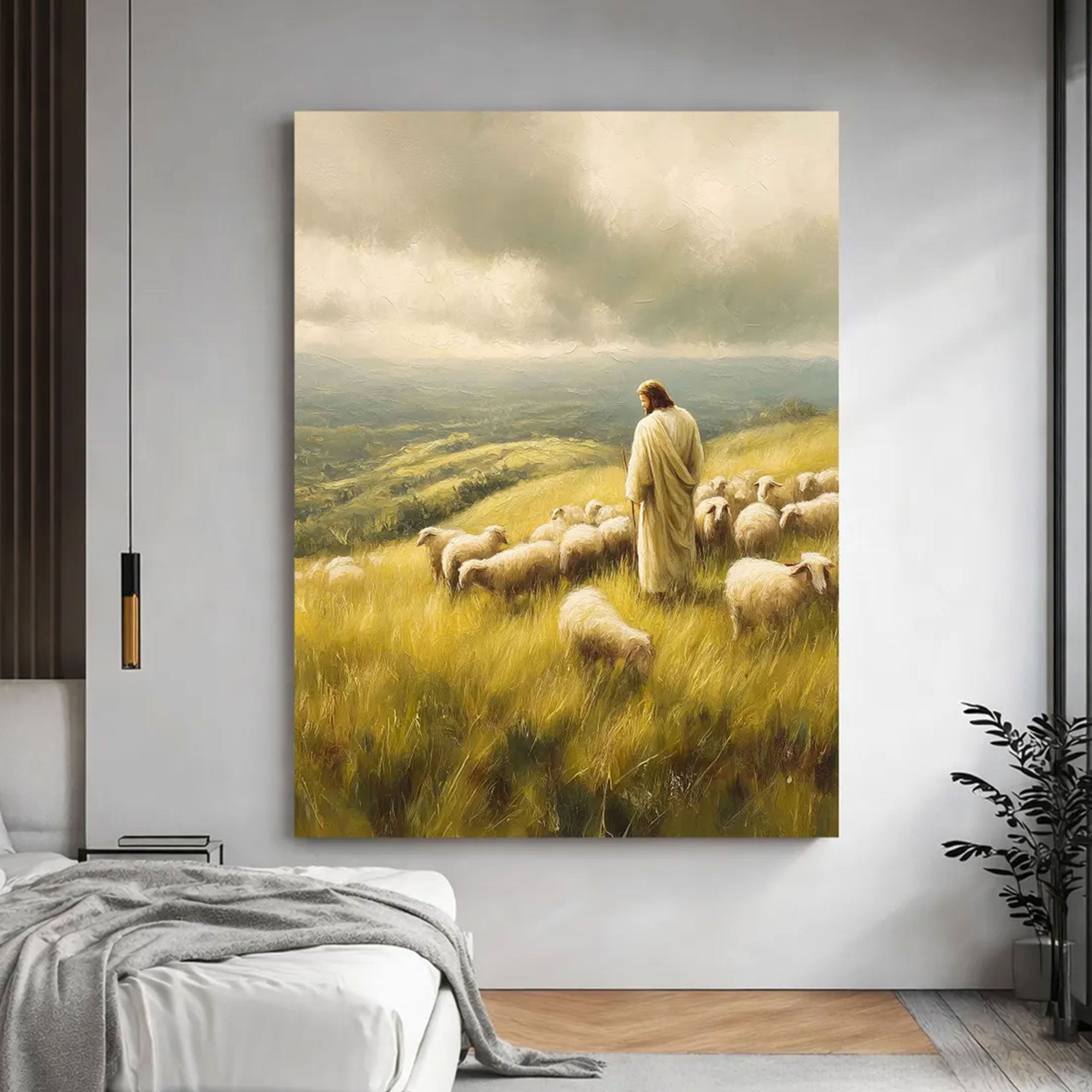 Jesus Good Shepherd Canvas Print, Christian Religious Sheep Wall Art, Rustic Faith Home Decor