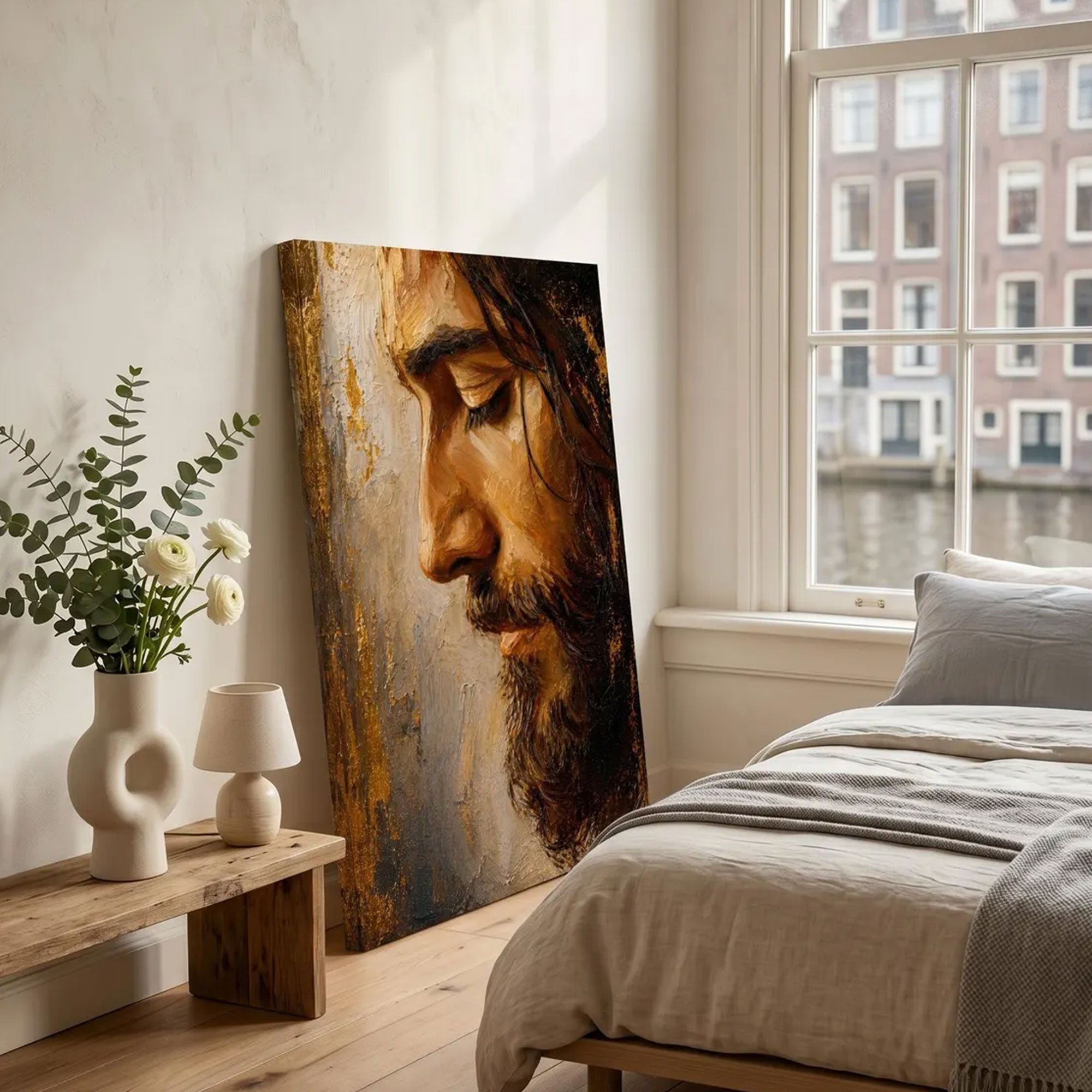 Jesus Portrait Canvas Print, Neutral Christian Wall Art, Spiritual Home Decor, Inspirational Faith Artwork