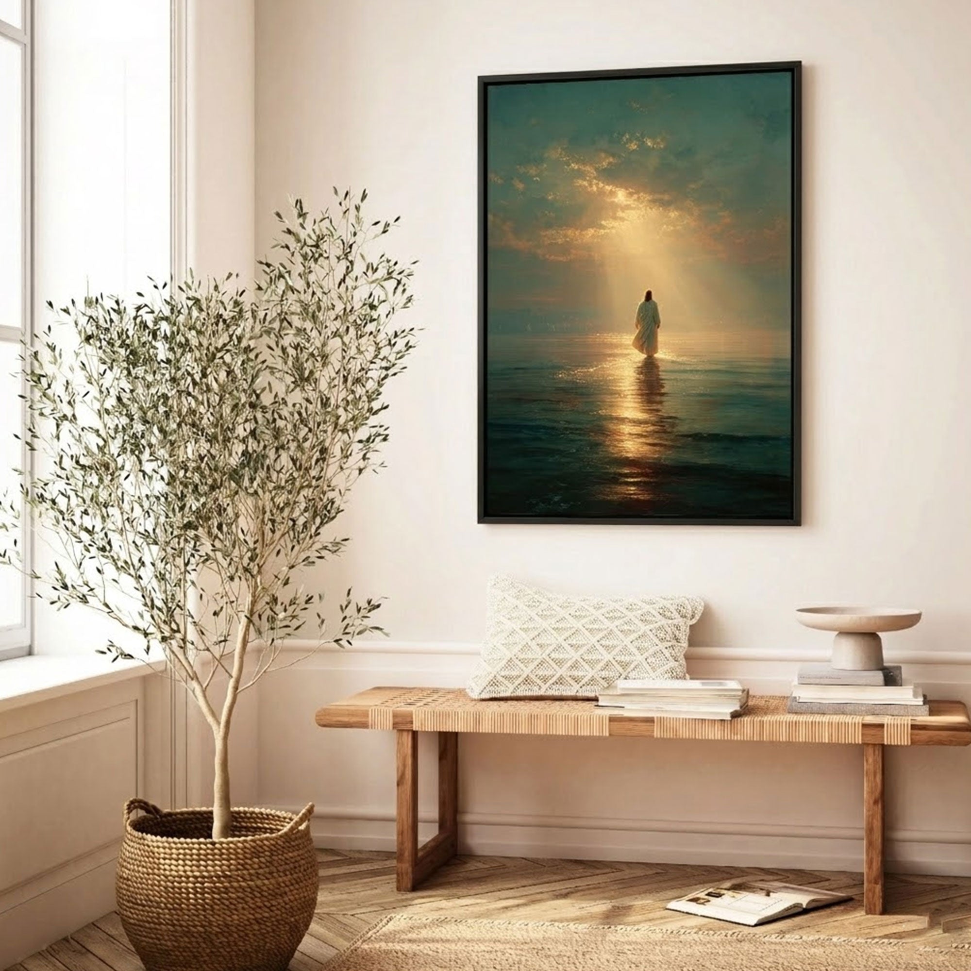 Jesus Walking on Water Canvas Print, Faith Over Fear Christian Wall Art, Divine Light Ocean Scene, Spiritual Home Decor, Inspirational Religious Gift