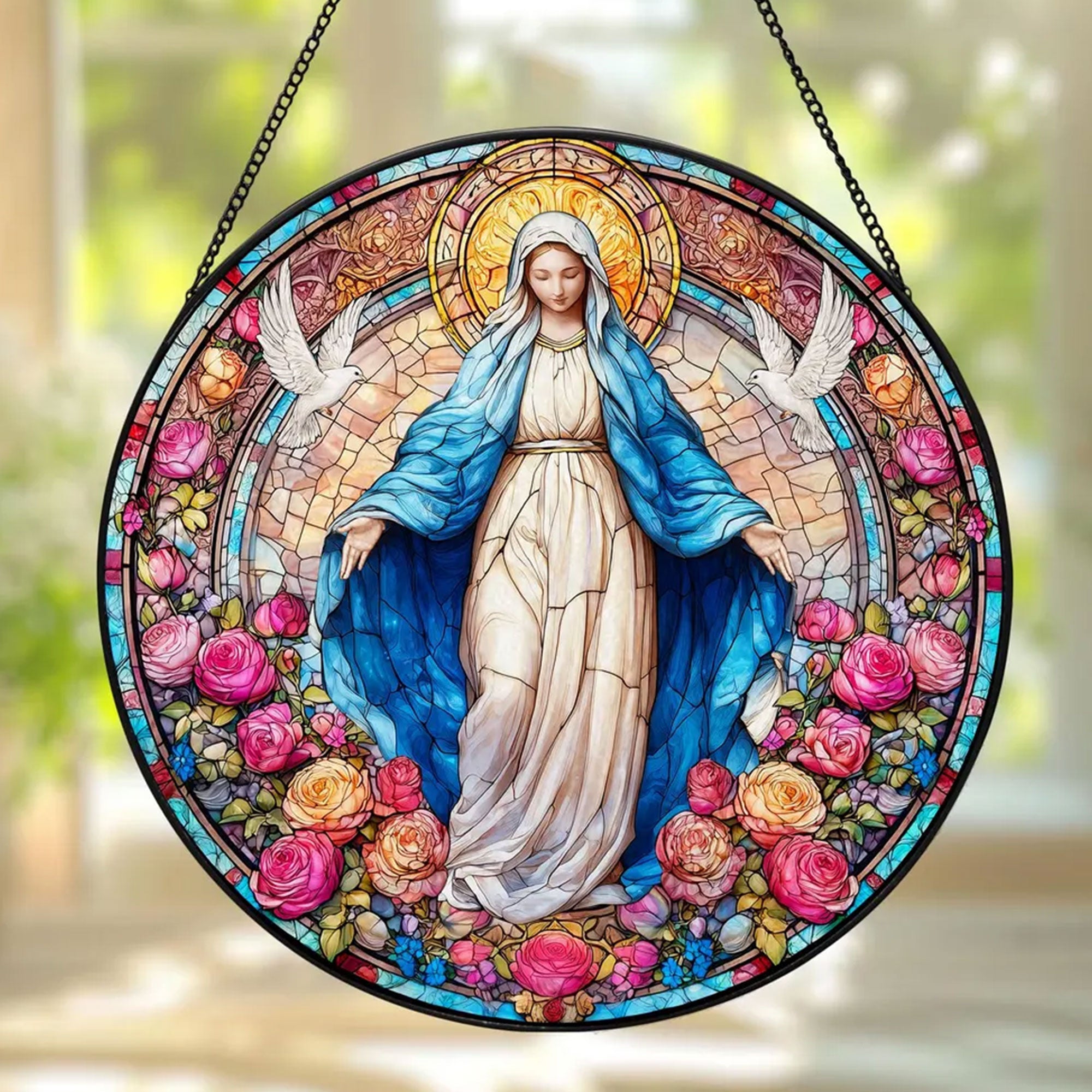 Our Lady of Grace Stained Glass Suncatcher, Virgin Mary Window Hanging, Catholic Religious Gift