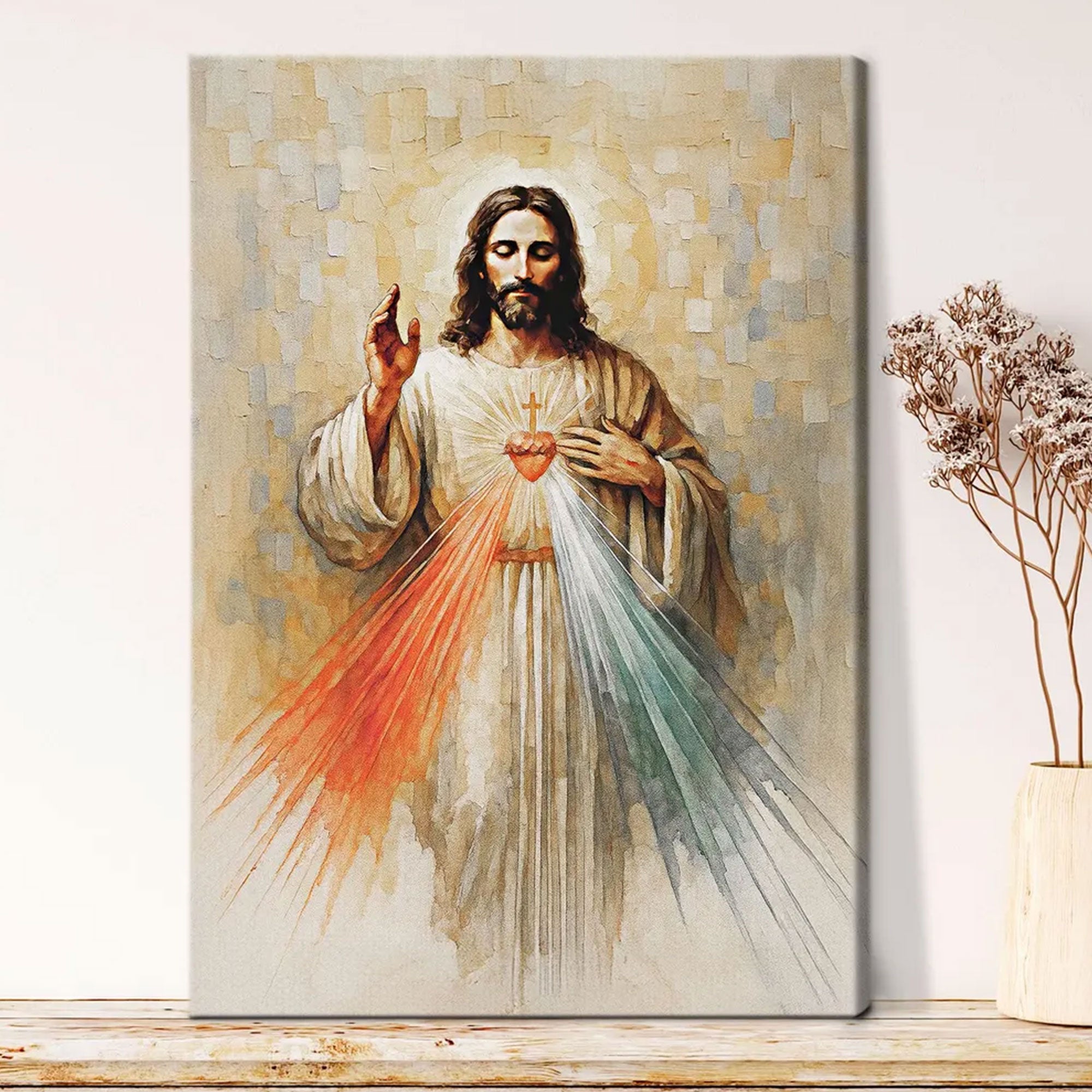 Jesus Divine Mercy Canvas Print, Modern Christian Watercolor Art & Sacred Heart Catholic Canvas
